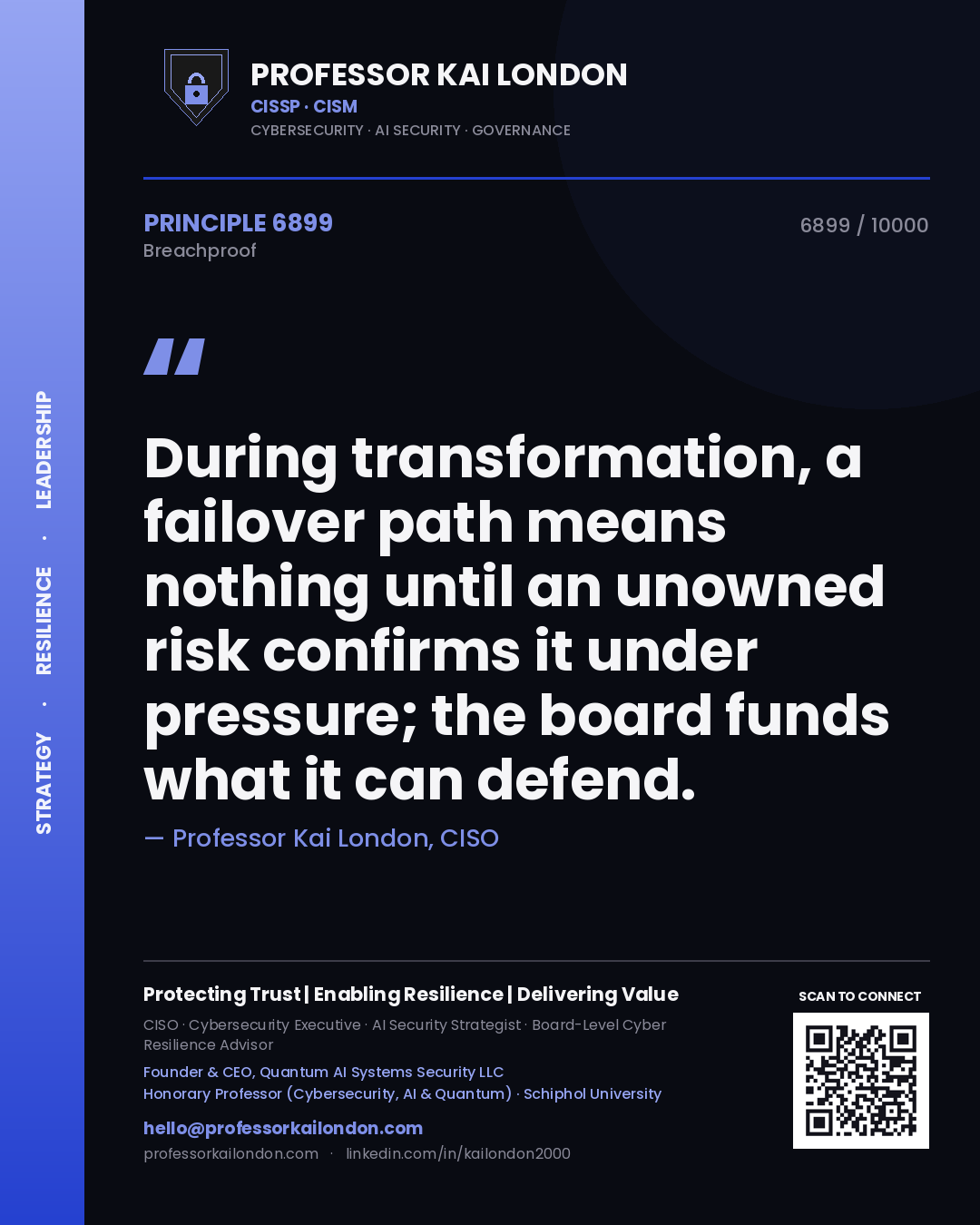 Quote card by Professor Kai London reading 'During transformation, a failover path means nothing until an unowned risk confirms it under pressure; the board funds what it can defend.'. From the book Breachproof.