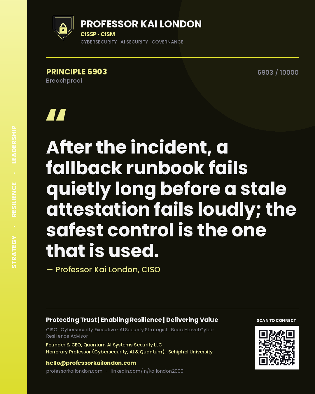 Professor Kai London principle 6903: After the incident, a fallback runbook fails quietly long before a stale attestation fails loudly; the safest control is the one that is used.
