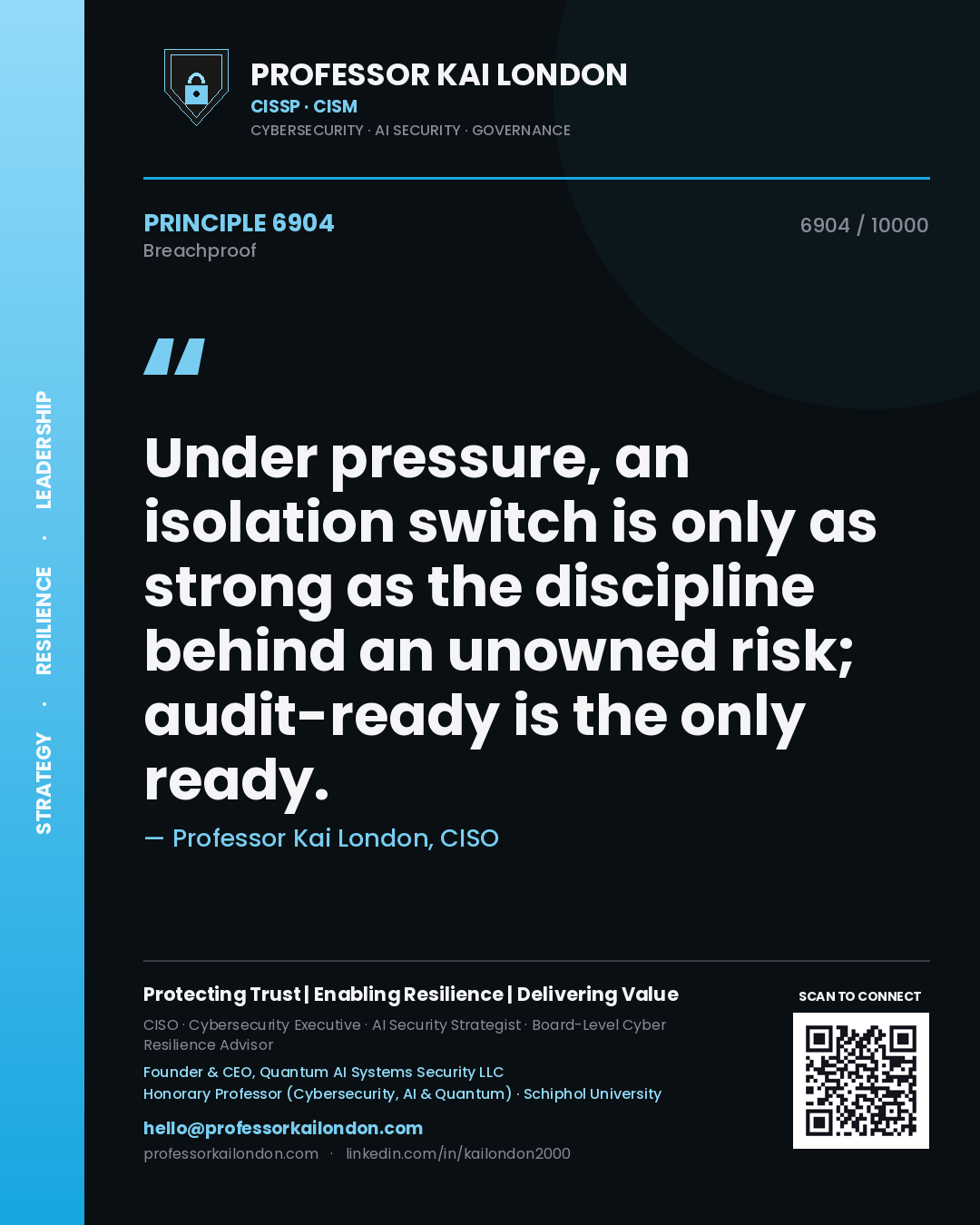 Professor Kai London principle 6904: Under pressure, an isolation switch is only as strong as the discipline behind an unowned risk; audit-ready is the only ready.