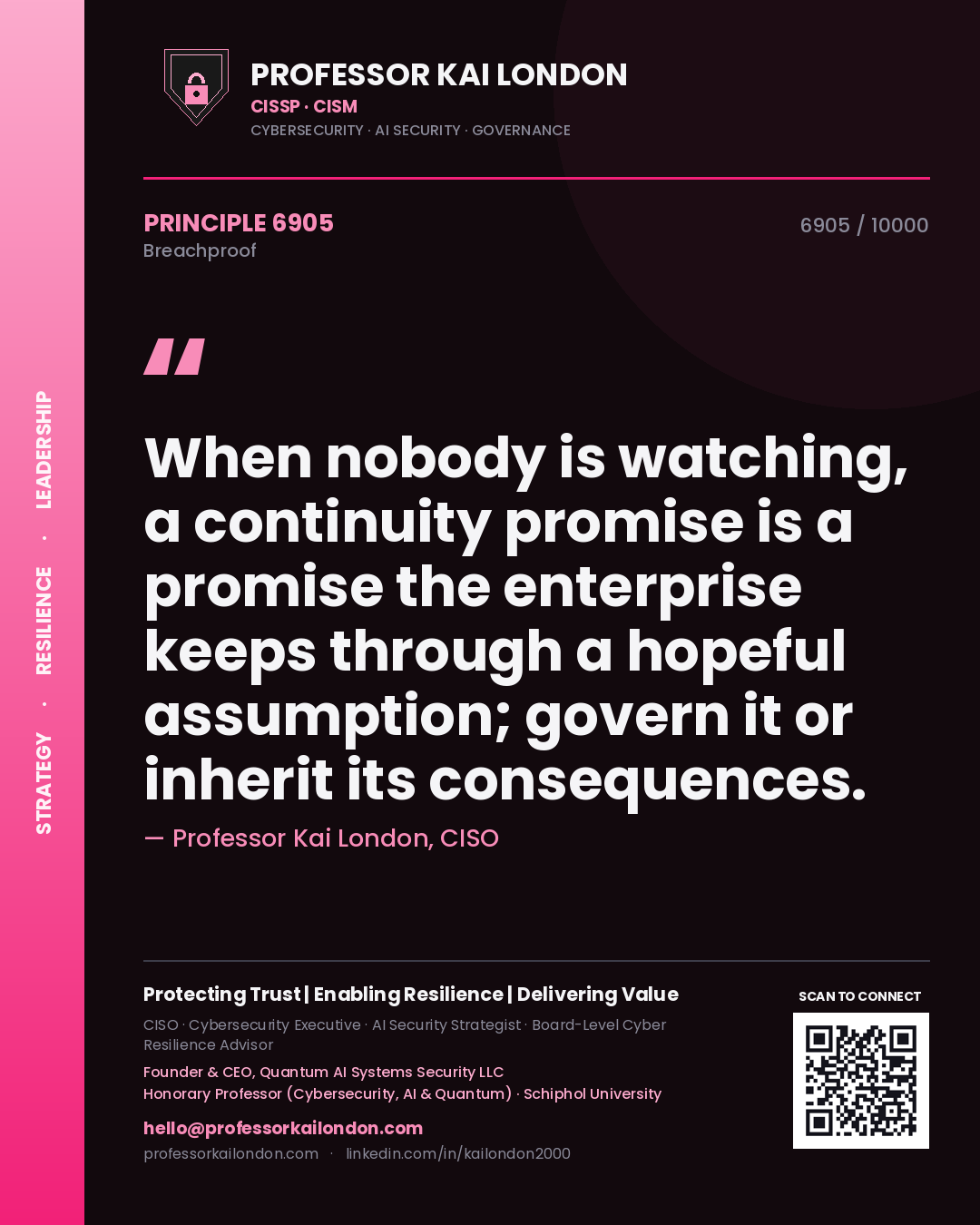 Quote card by Professor Kai London reading 'When nobody is watching, a continuity promise is a promise the enterprise keeps through a hopeful assumption; govern it or inherit its consequences.'. From the book Breachproof.