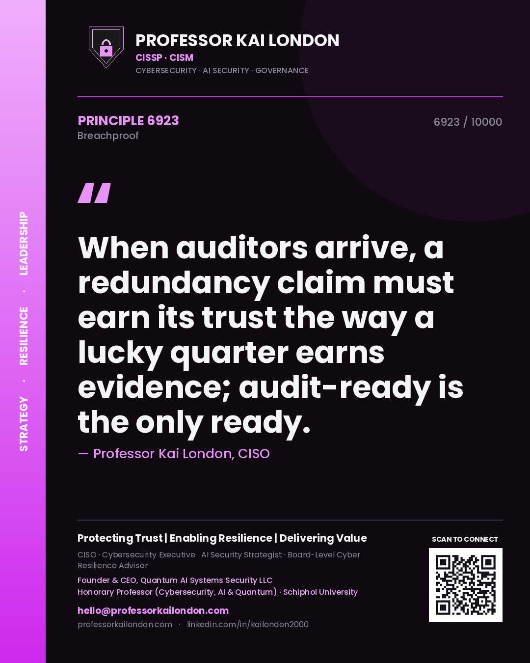 Quote card by Professor Kai London reading 'When auditors arrive, a redundancy claim must earn its trust the way a lucky quarter earns evidence; audit-ready is the only ready.'. From the book Breachproof.