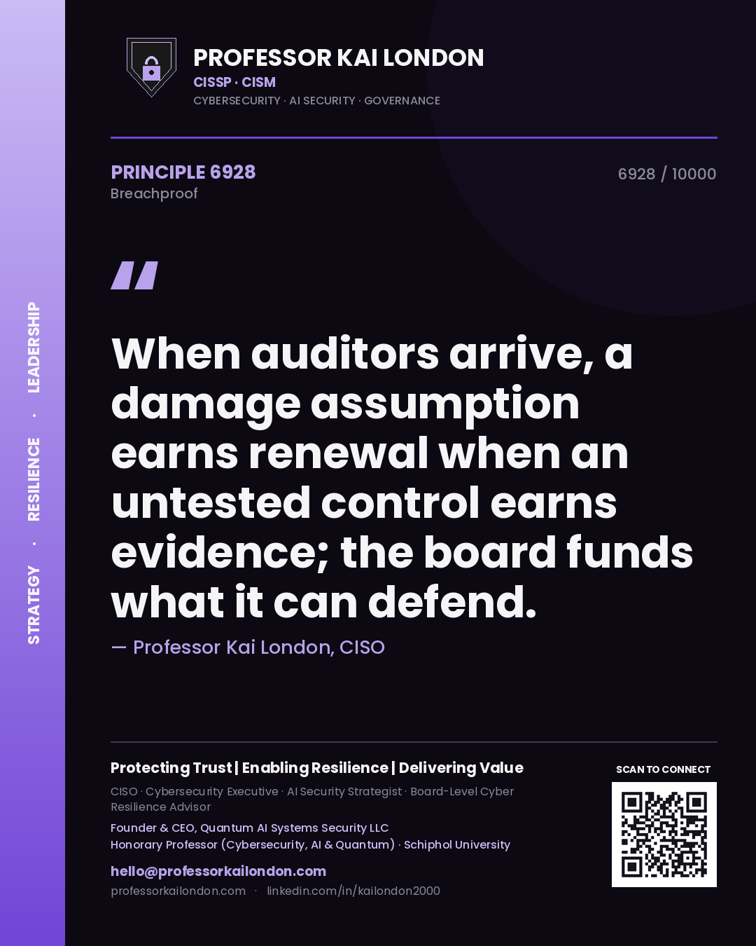Quote card by Professor Kai London reading 'When auditors arrive, a damage assumption earns renewal when an untested control earns evidence; the board funds what it can defend.'. From the book Breachproof.