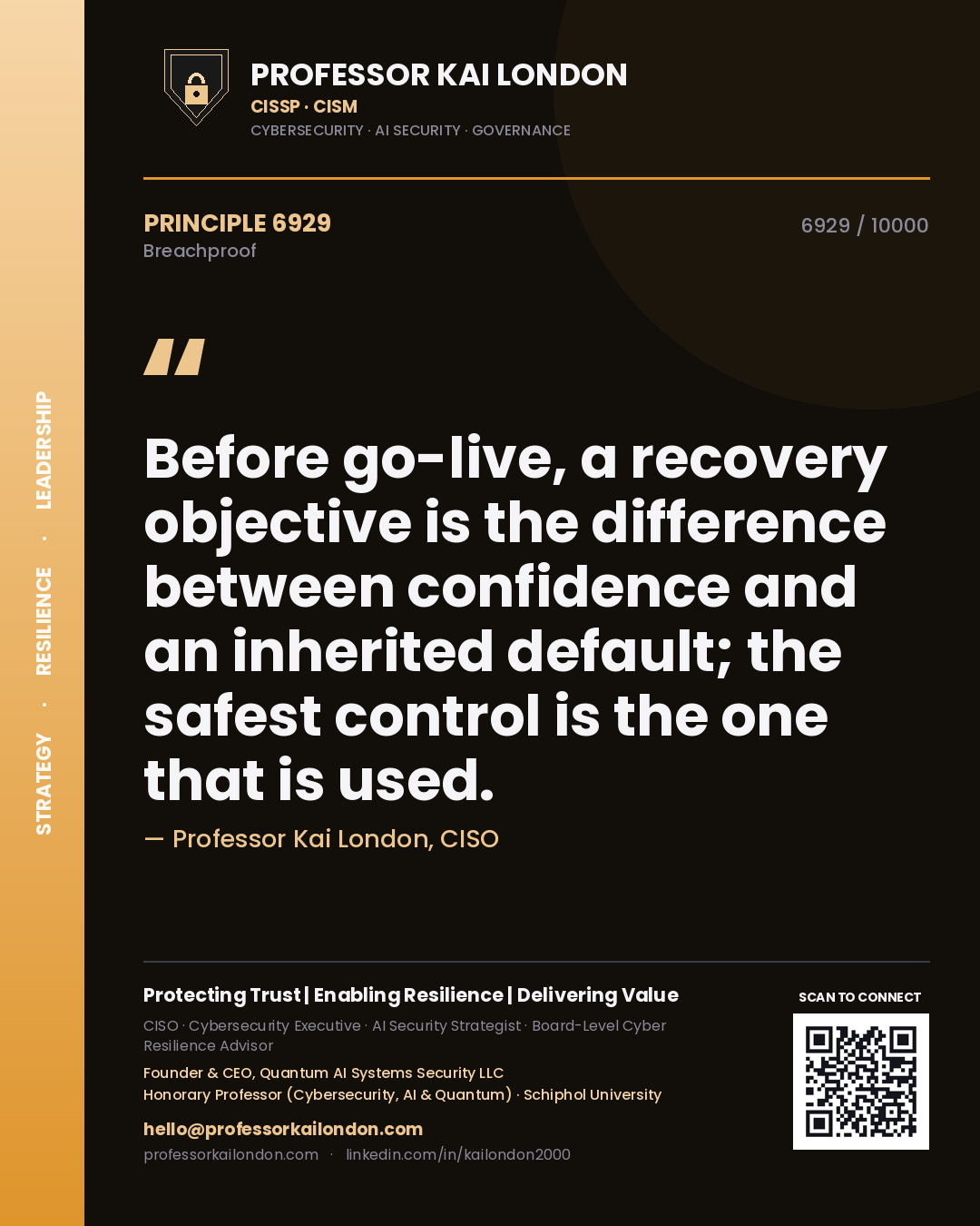 Quote card by Professor Kai London reading 'Before go-live, a recovery objective is the difference between confidence and an inherited default; the safest control is the one that is used.'. From the book Breachproof.