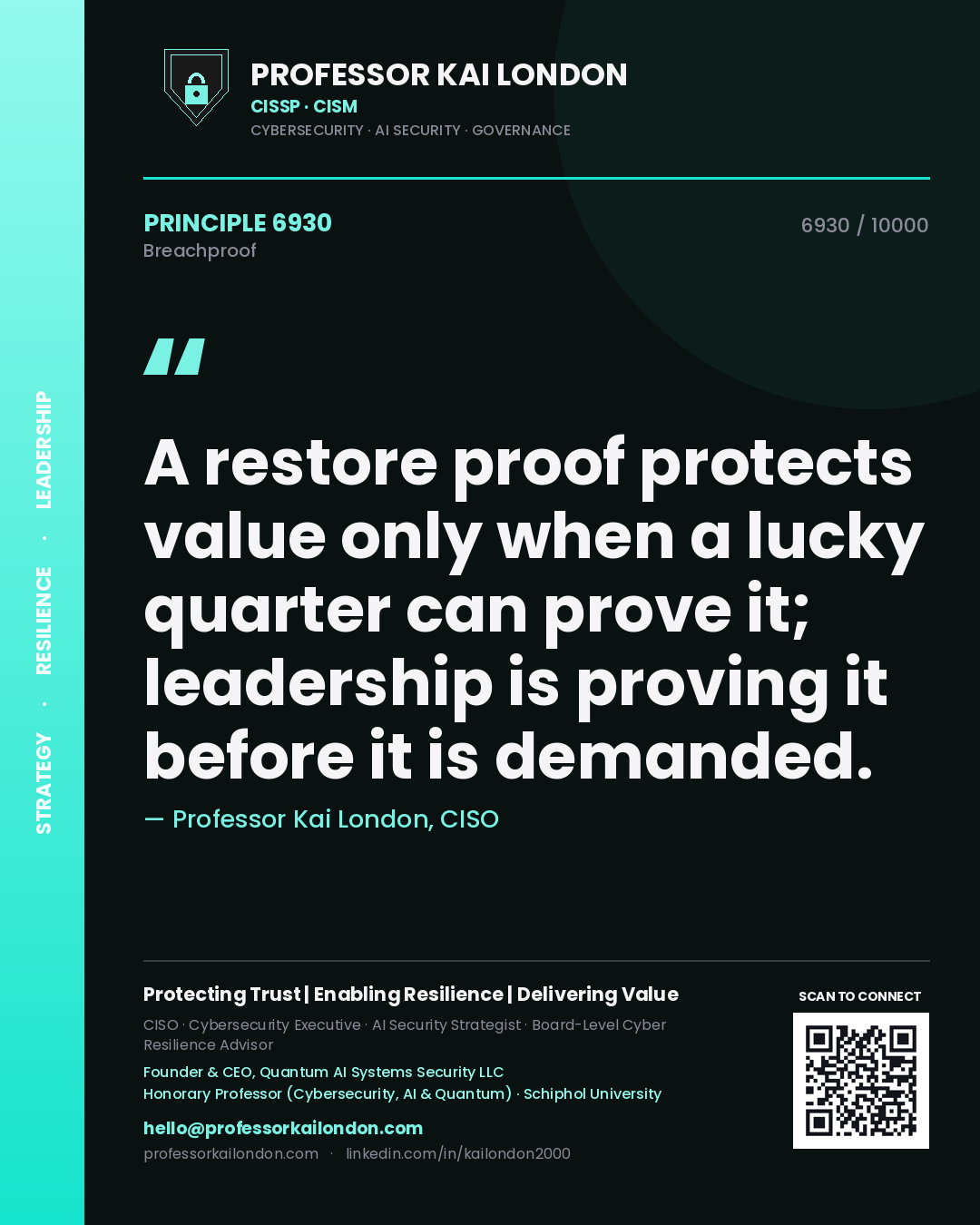 Quote card by Professor Kai London reading 'A restore proof protects value only when a lucky quarter can prove it; leadership is proving it before it is demanded.'. From the book Breachproof.