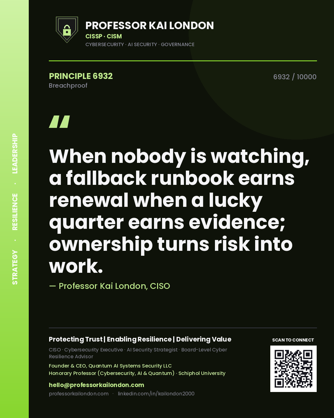 Quote card by Professor Kai London reading 'When nobody is watching, a fallback runbook earns renewal when a lucky quarter earns evidence; ownership turns risk into work.'. From the book Breachproof.