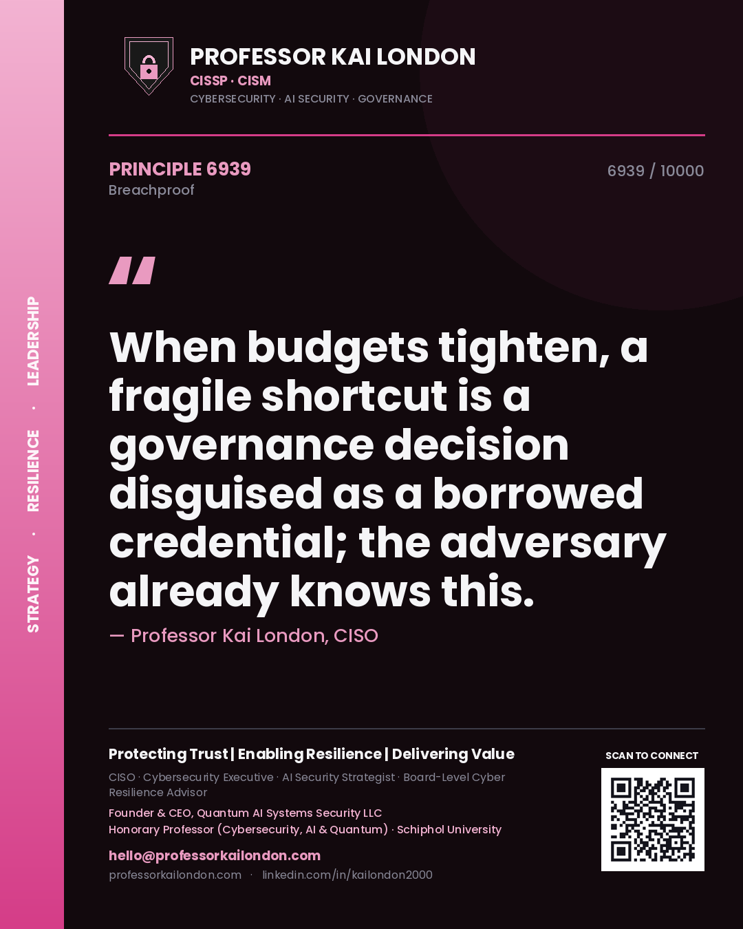 Quote card by Professor Kai London reading 'When budgets tighten, a fragile shortcut is a governance decision disguised as a borrowed credential; the adversary already knows this.'. From the book Breachproof.