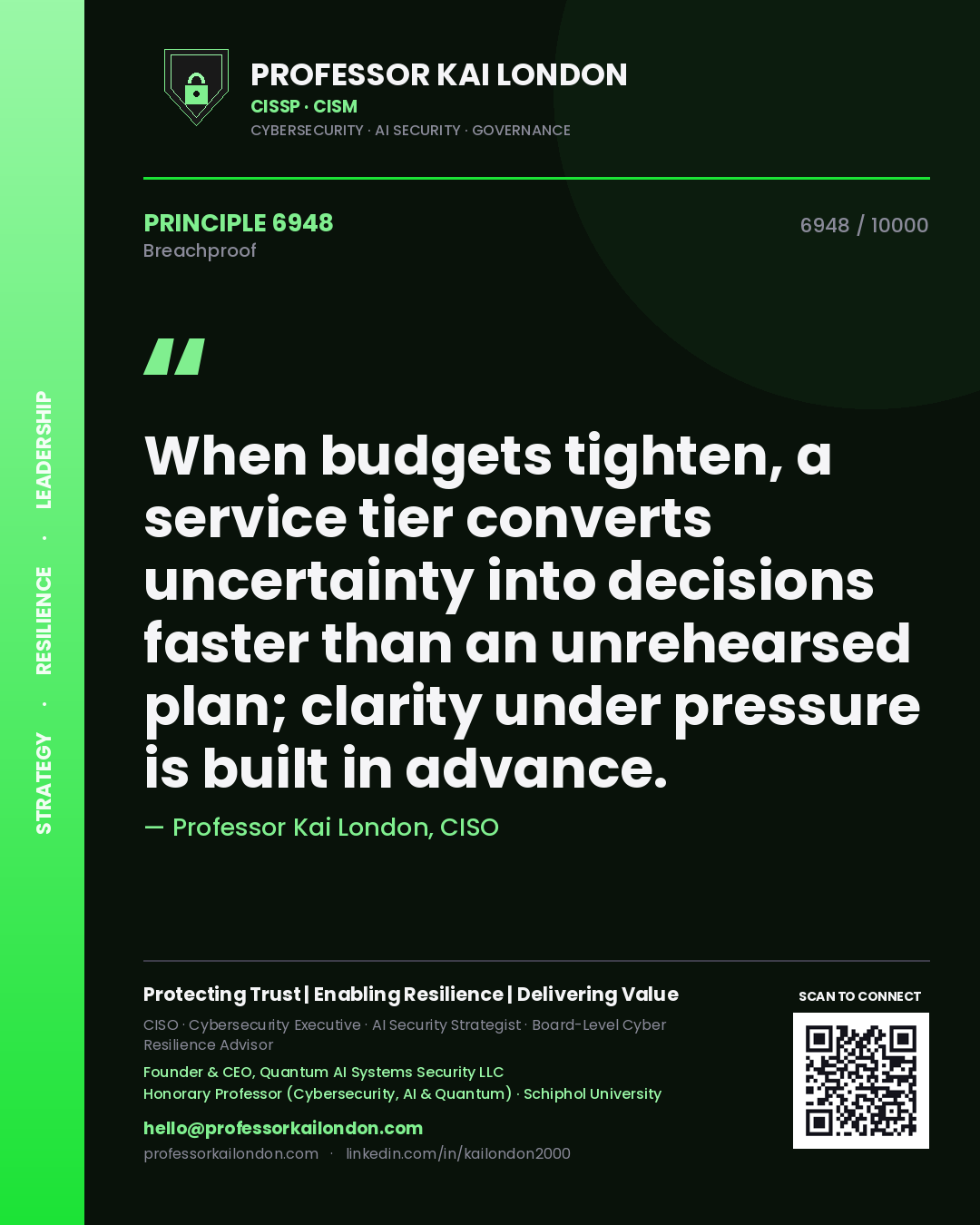 Quote card by Professor Kai London reading 'When budgets tighten, a service tier converts uncertainty into decisions faster than an unrehearsed plan; clarity under pressure is built in advance.'. From the book Breachproof.