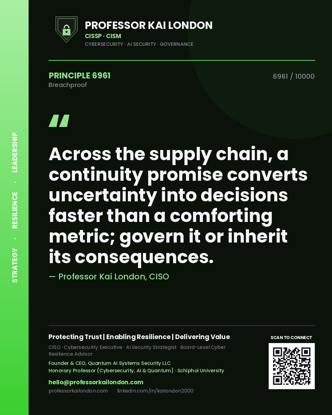 Quote card by Professor Kai London reading 'Across the supply chain, a continuity promise converts uncertainty into decisions faster than a comforting metric; govern it or inherit its consequences.'. From the book Breachproof.
