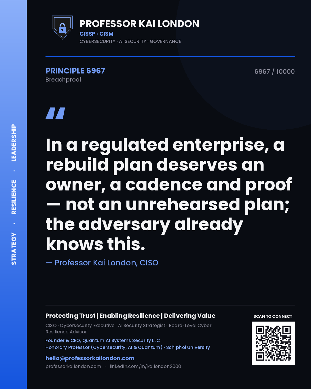 Quote card by Professor Kai London reading 'In a regulated enterprise, a rebuild plan deserves an owner, a cadence and proof — not an unrehearsed plan; the adversary already knows this.'. From the book Breachproof.