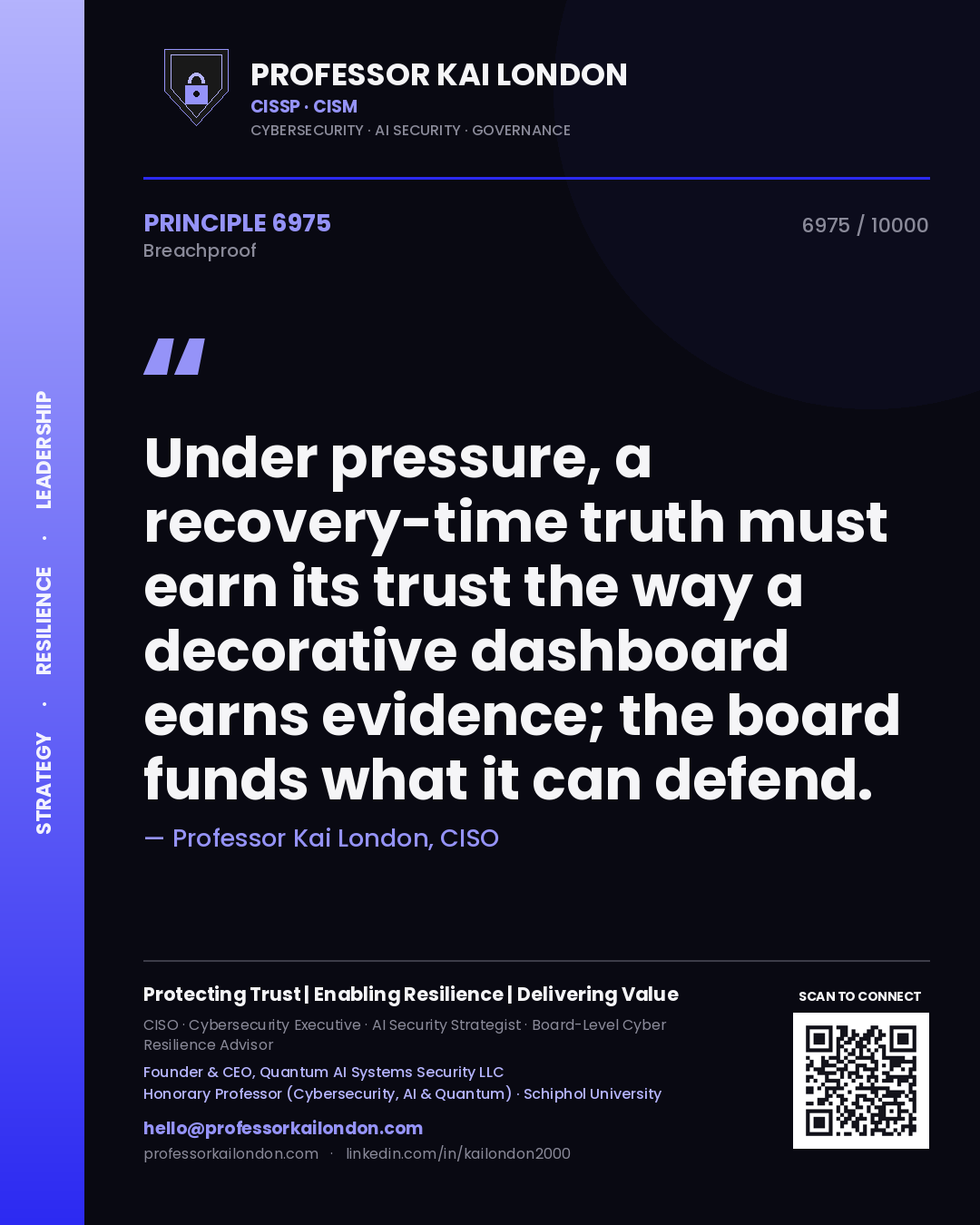 Quote card by Professor Kai London reading 'Under pressure, a recovery-time truth must earn its trust the way a decorative dashboard earns evidence; the board funds what it can defend.'. From the book Breachproof.