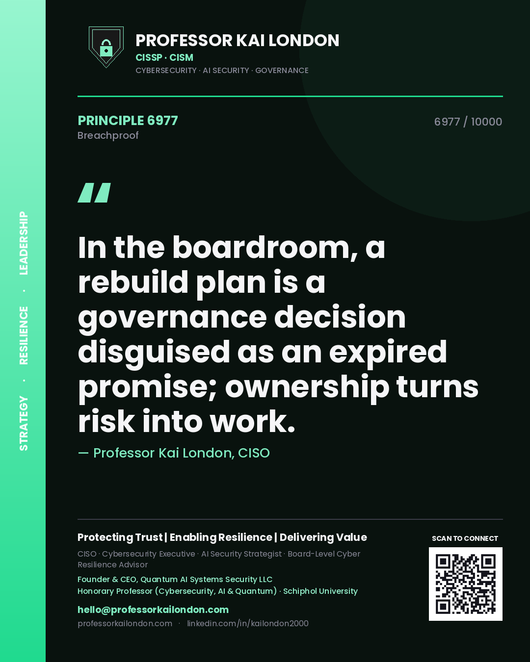 Quote card by Professor Kai London reading 'In the boardroom, a rebuild plan is a governance decision disguised as an expired promise; ownership turns risk into work.'. From the book Breachproof.