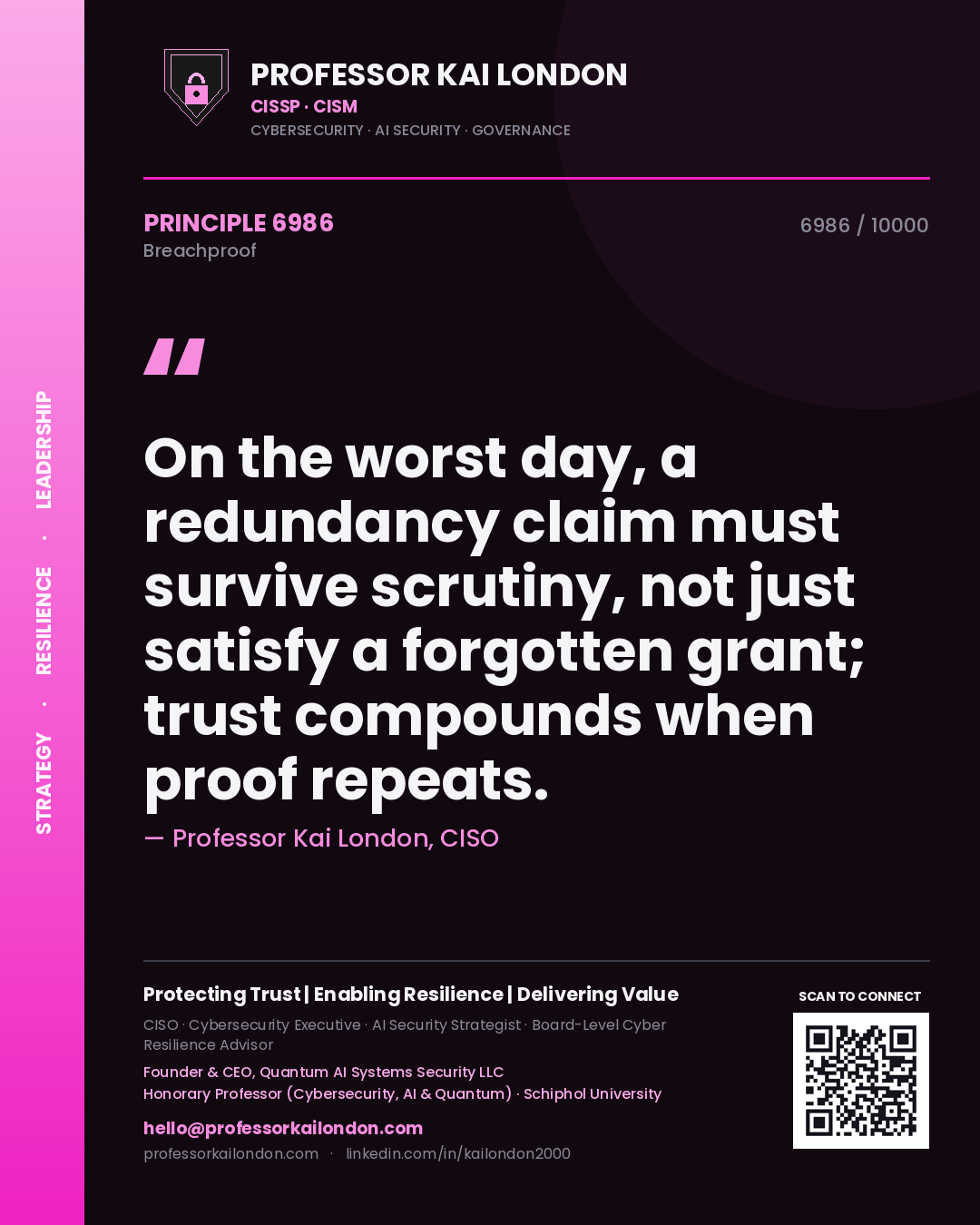 Quote card by Professor Kai London reading 'On the worst day, a redundancy claim must survive scrutiny, not just satisfy a forgotten grant; trust compounds when proof repeats.'. From the book Breachproof.