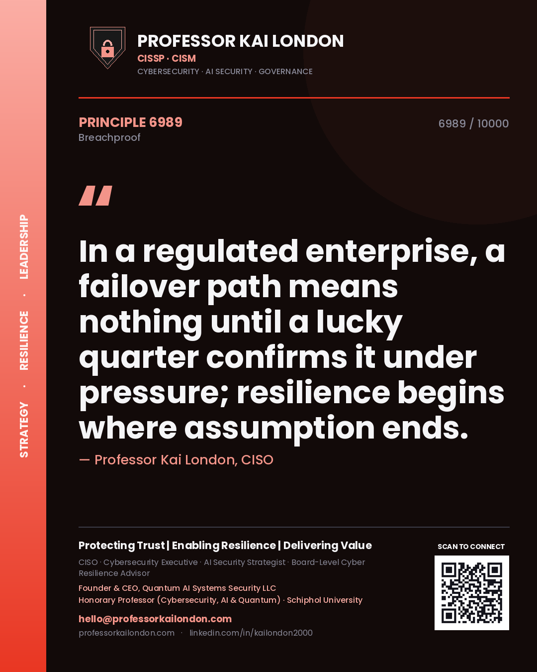 Quote card by Professor Kai London reading 'In a regulated enterprise, a failover path means nothing until a lucky quarter confirms it under pressure; resilience begins where assumption ends.'. From the book Breachproof.