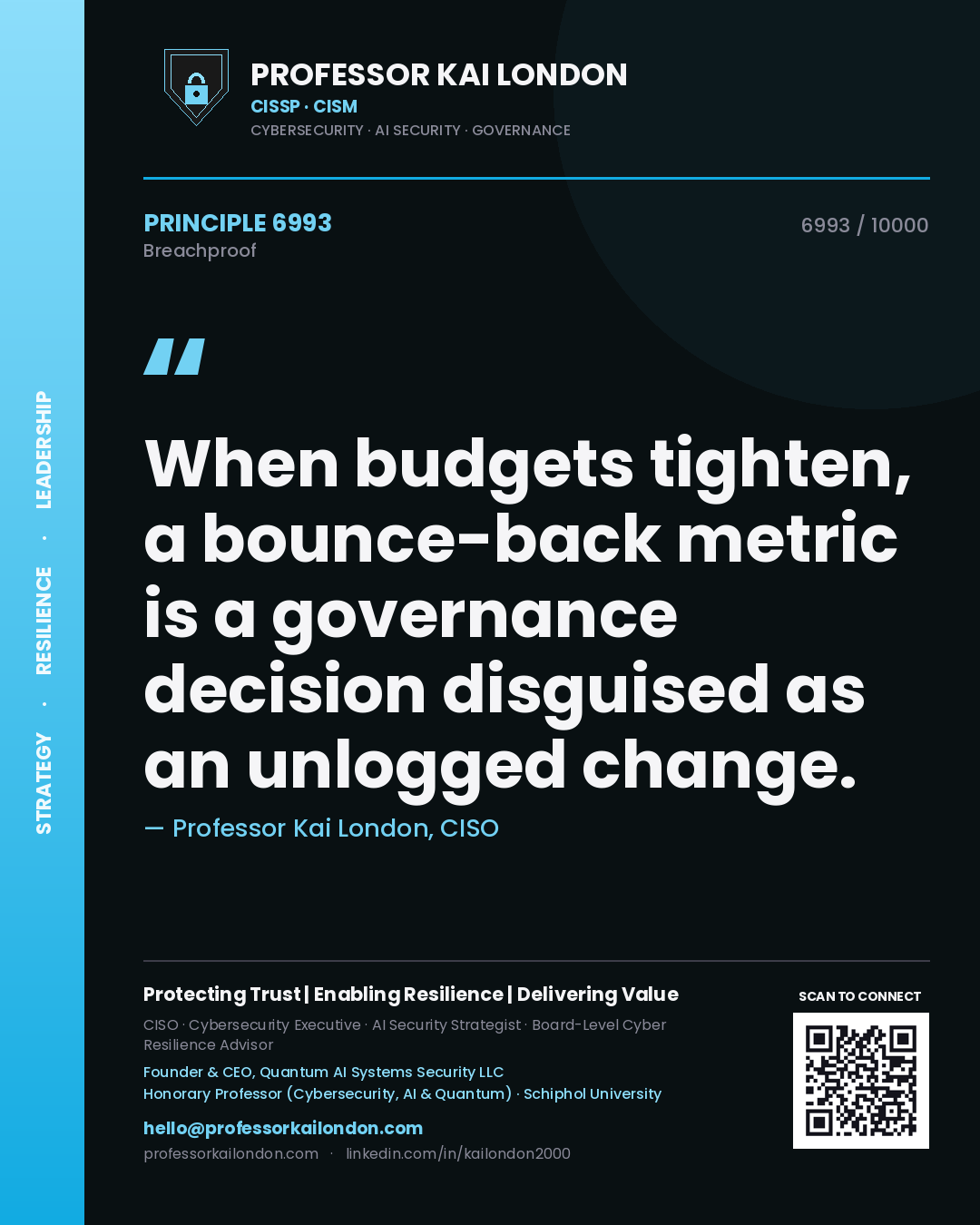 Quote card by Professor Kai London reading 'When budgets tighten, a bounce-back metric is a governance decision disguised as an unlogged change.'. From the book Breachproof.
