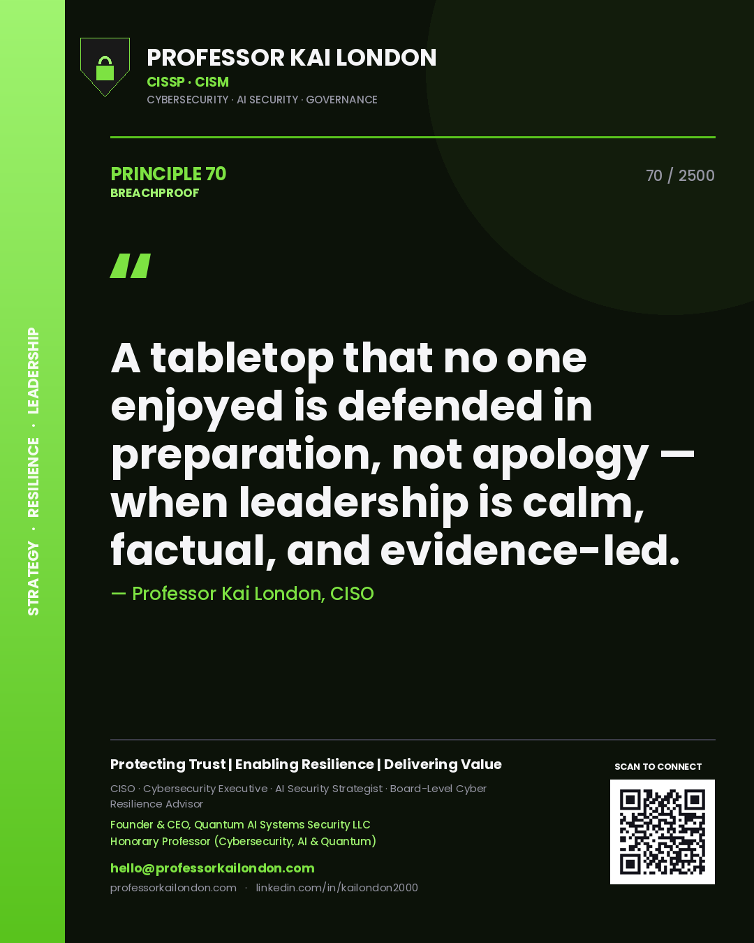 Quote card by Professor Kai London reading 'A tabletop that no one enjoyed is defended in preparation, not apology — when leadership is calm, factual, and evidence-led.'. From the book Breachproof.