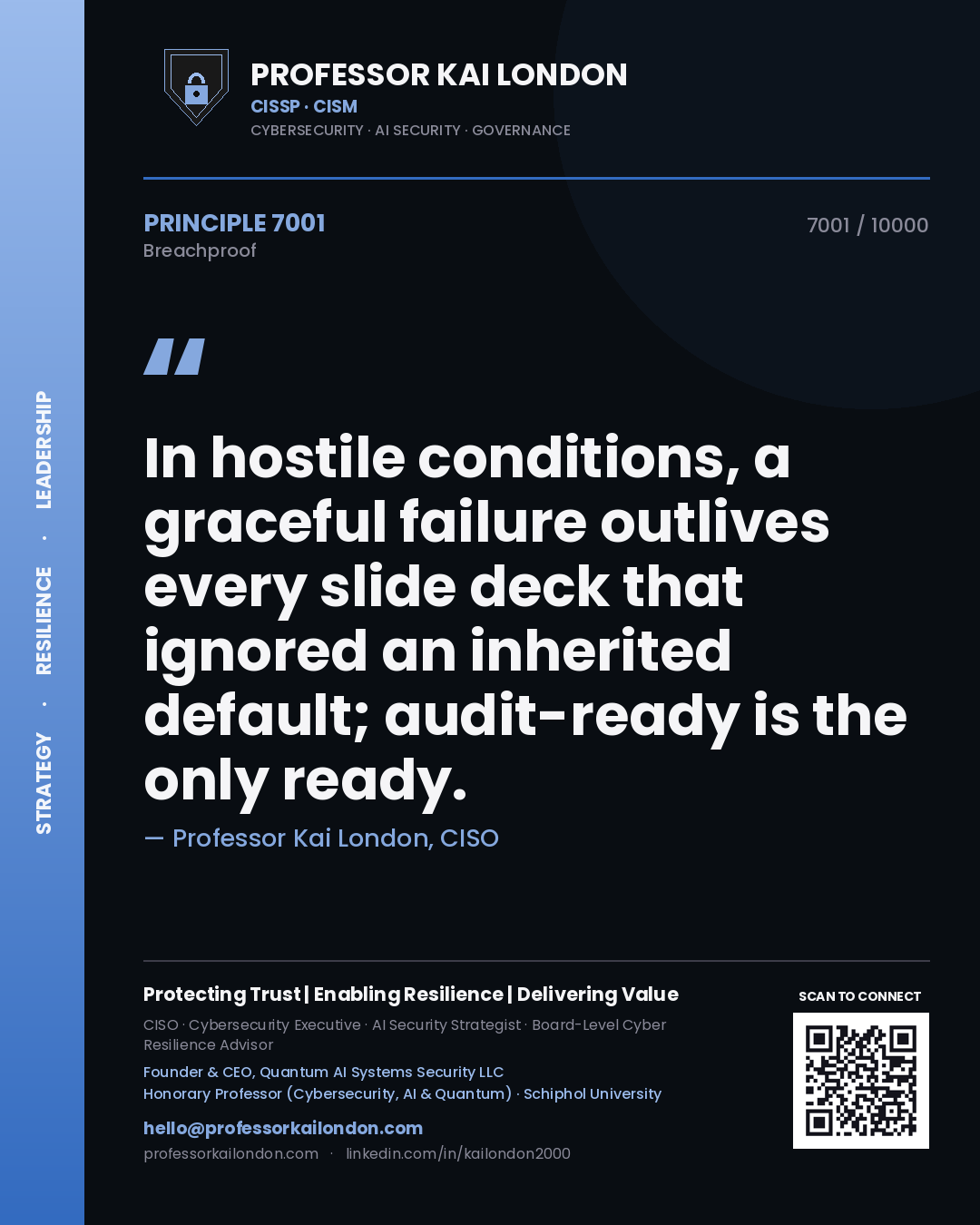 Professor Kai London principle 7001: In hostile conditions, a graceful failure outlives every slide deck that ignored an inherited default; audit-ready is the only ready.