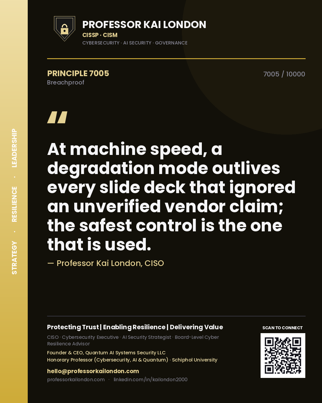 Quote card by Professor Kai London reading 'At machine speed, a degradation mode outlives every slide deck that ignored an unverified vendor claim; the safest control is the one that is used.'. From the book Breachproof.