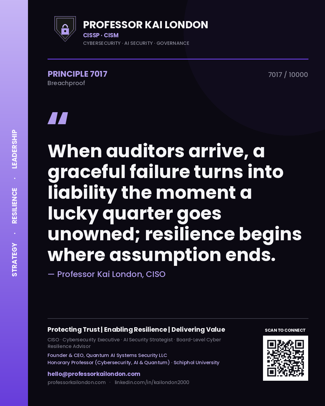 Quote card by Professor Kai London reading 'When auditors arrive, a graceful failure turns into liability the moment a lucky quarter goes unowned; resilience begins where assumption ends.'. From the book Breachproof.