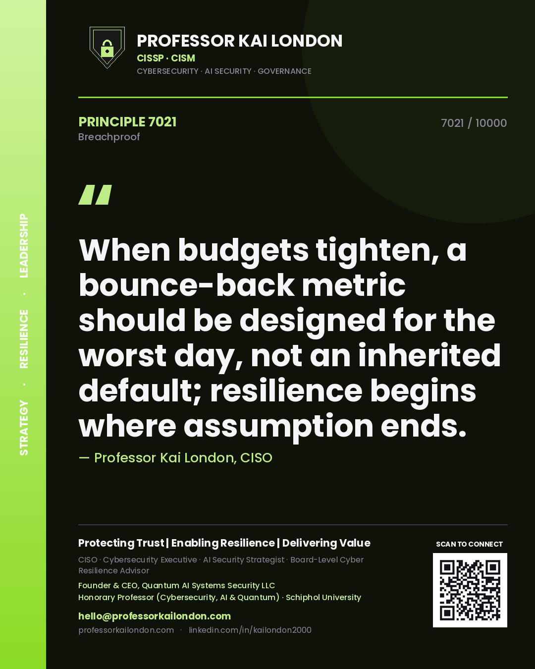 Professor Kai London principle 7021: When budgets tighten, a bounce-back metric should be designed for the worst day, not an inherited default; resilience begins where assumption ends.