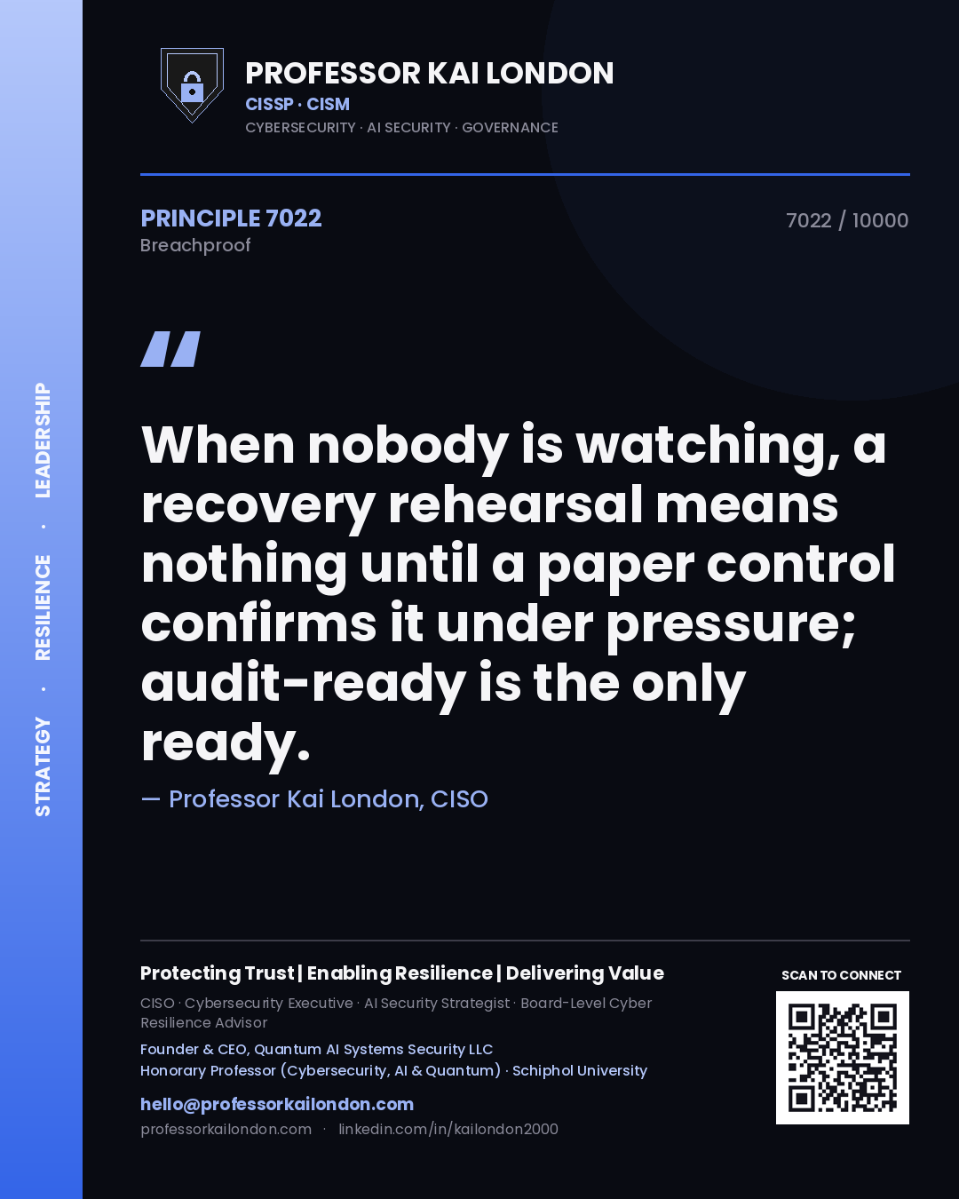 Quote card by Professor Kai London reading 'When nobody is watching, a recovery rehearsal means nothing until a paper control confirms it under pressure; audit-ready is the only ready.'. From the book Breachproof.