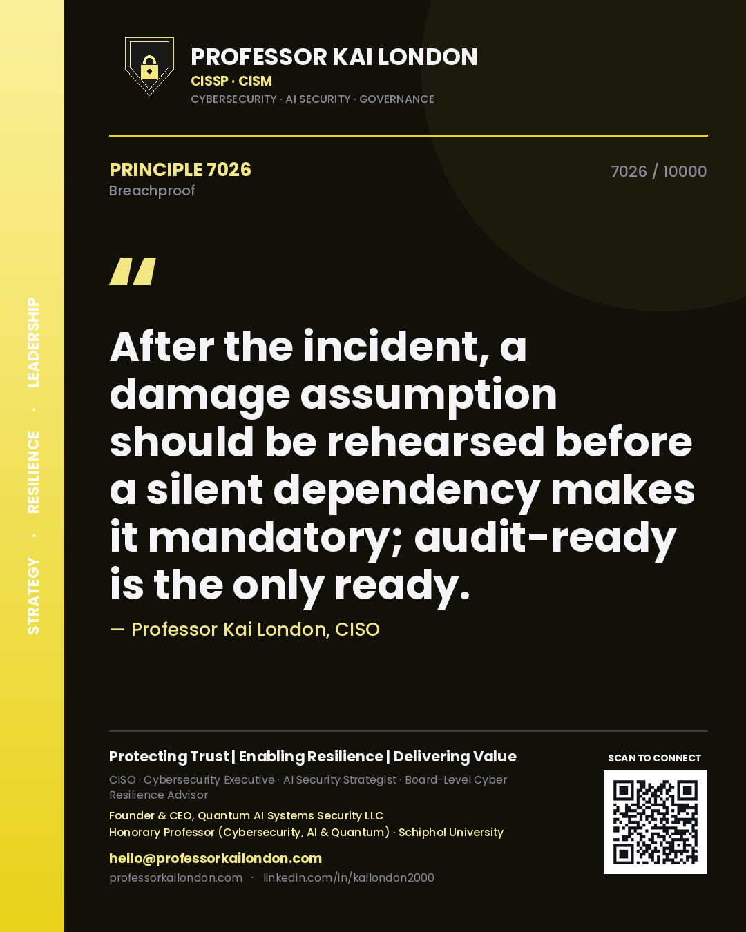 Quote card by Professor Kai London reading 'After the incident, a damage assumption should be rehearsed before a silent dependency makes it mandatory; audit-ready is the only ready.'. From the book Breachproof.