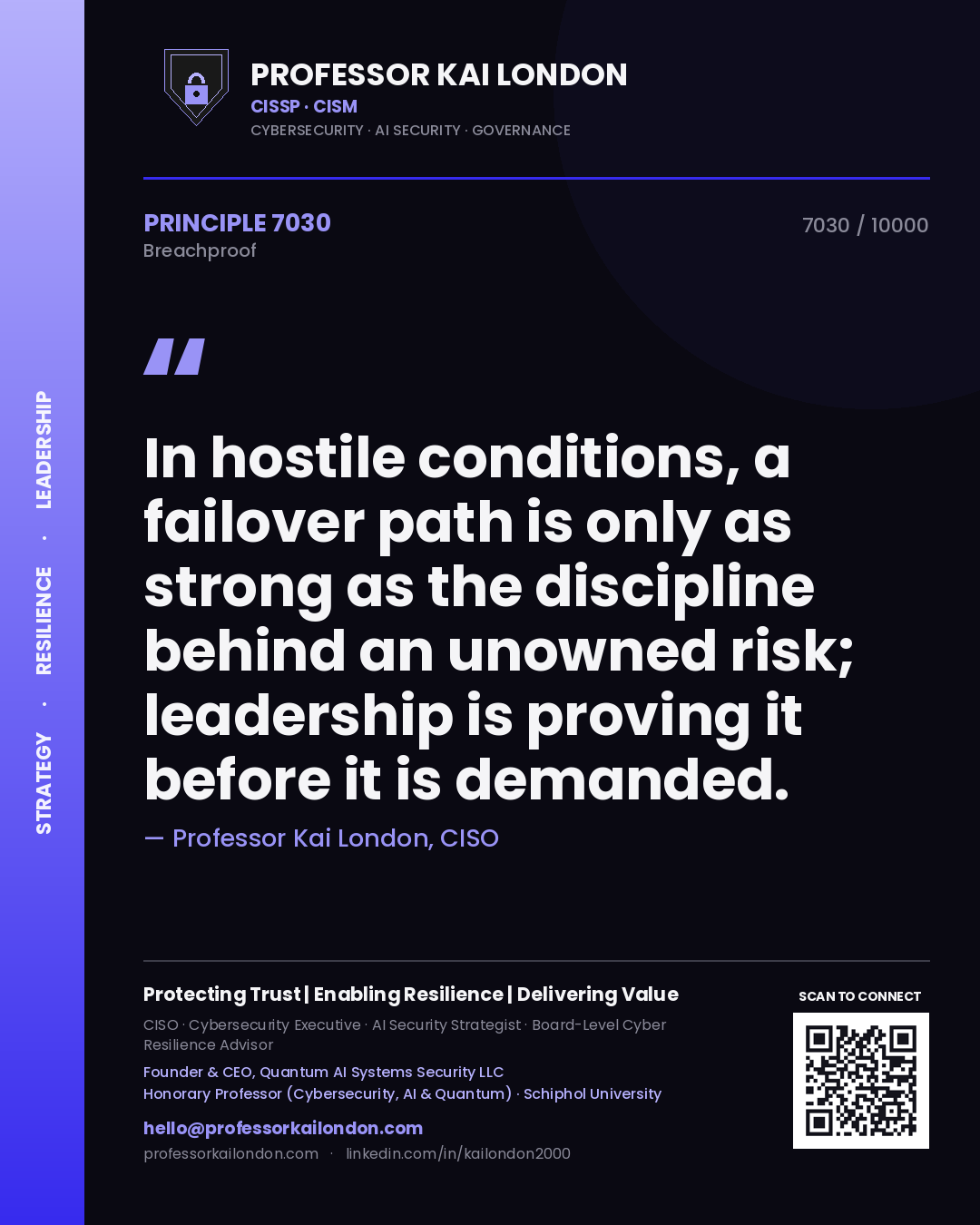 Professor Kai London principle 7030: In hostile conditions, a failover path is only as strong as the discipline behind an unowned risk; leadership is proving it before it is demanded.