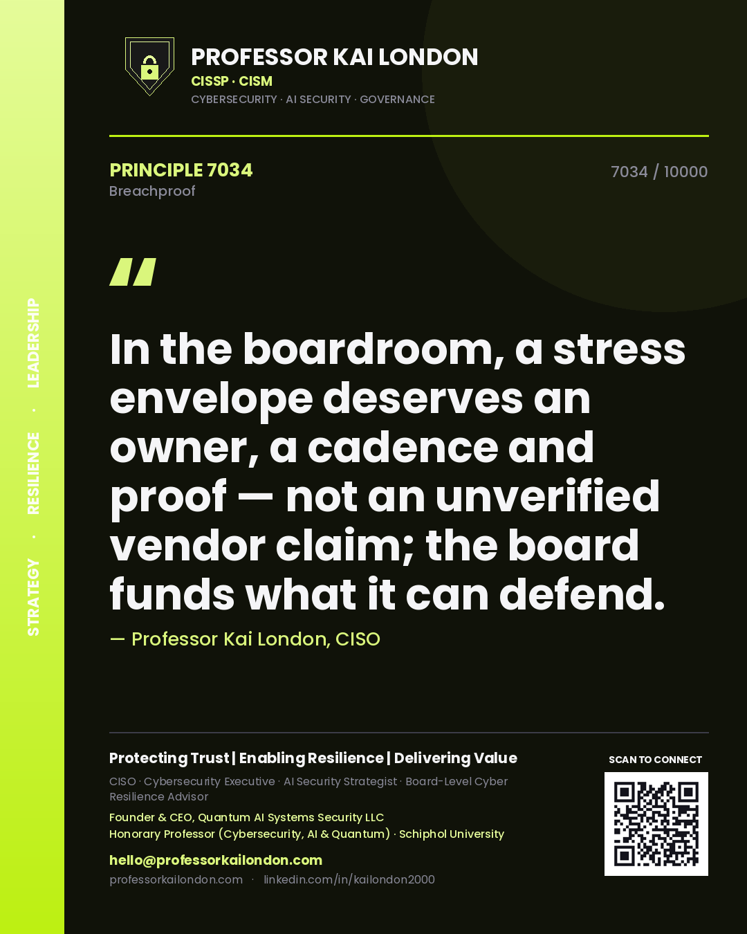 Professor Kai London principle 7034: In the boardroom, a stress envelope deserves an owner, a cadence and proof — not an unverified vendor claim; the board funds what it can defend.