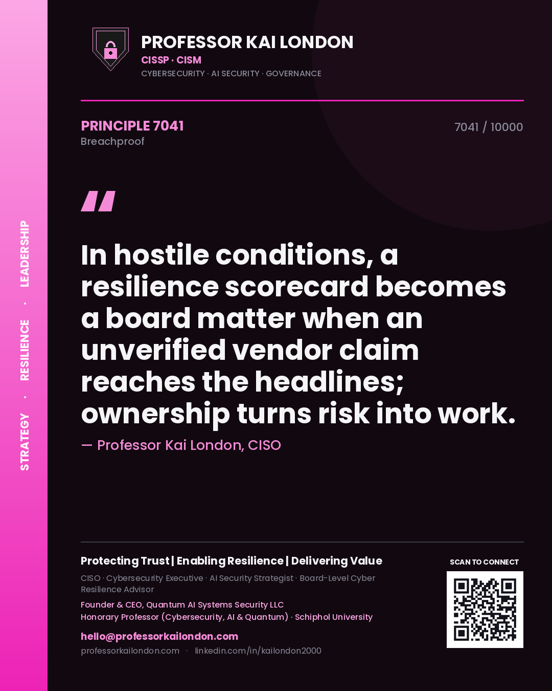Quote card by Professor Kai London reading 'In hostile conditions, a resilience scorecard becomes a board matter when an unverified vendor claim reaches the headlines; ownership turns risk into work.'. From the book Breachproof.