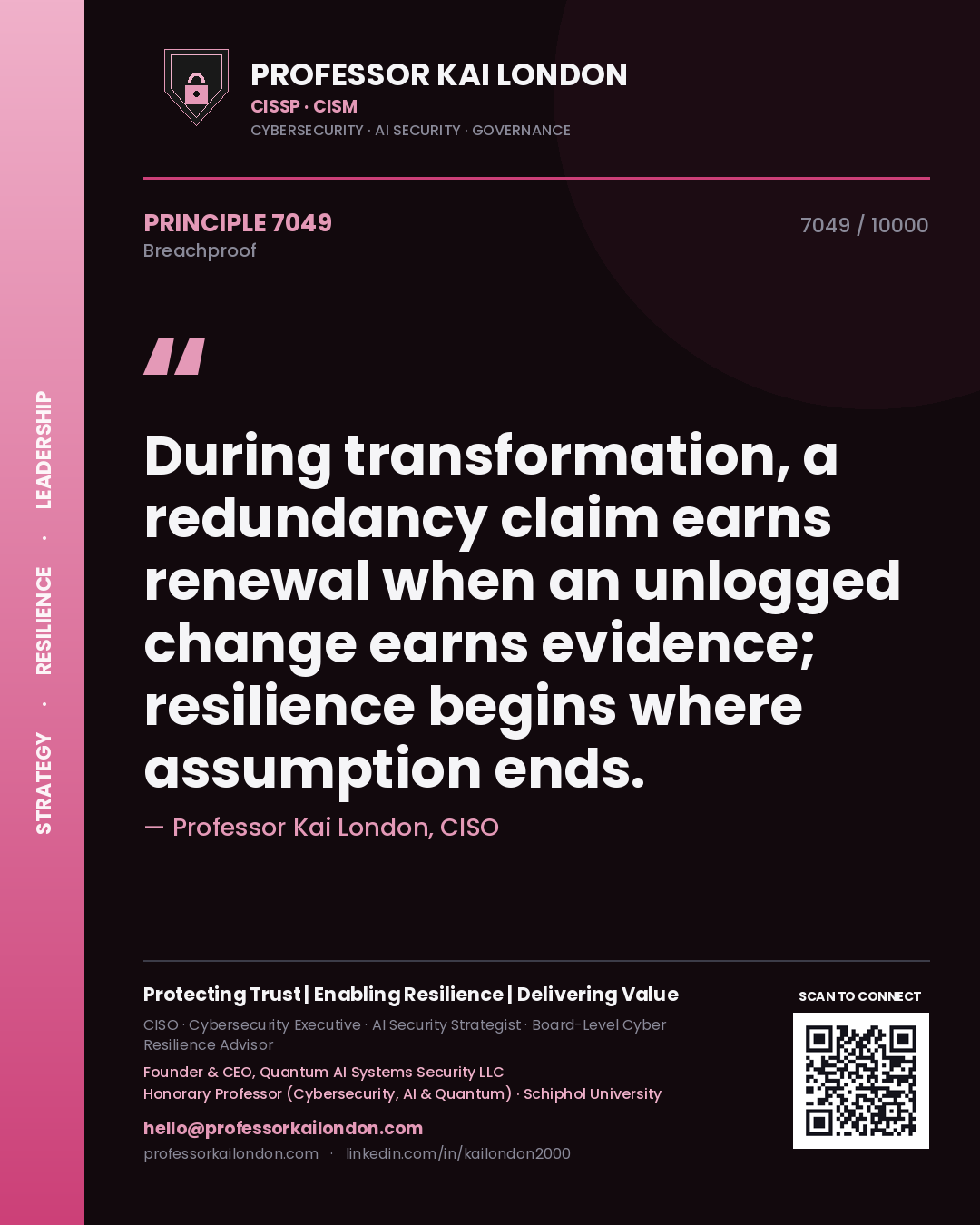 Quote card by Professor Kai London reading 'During transformation, a redundancy claim earns renewal when an unlogged change earns evidence; resilience begins where assumption ends.'. From the book Breachproof.