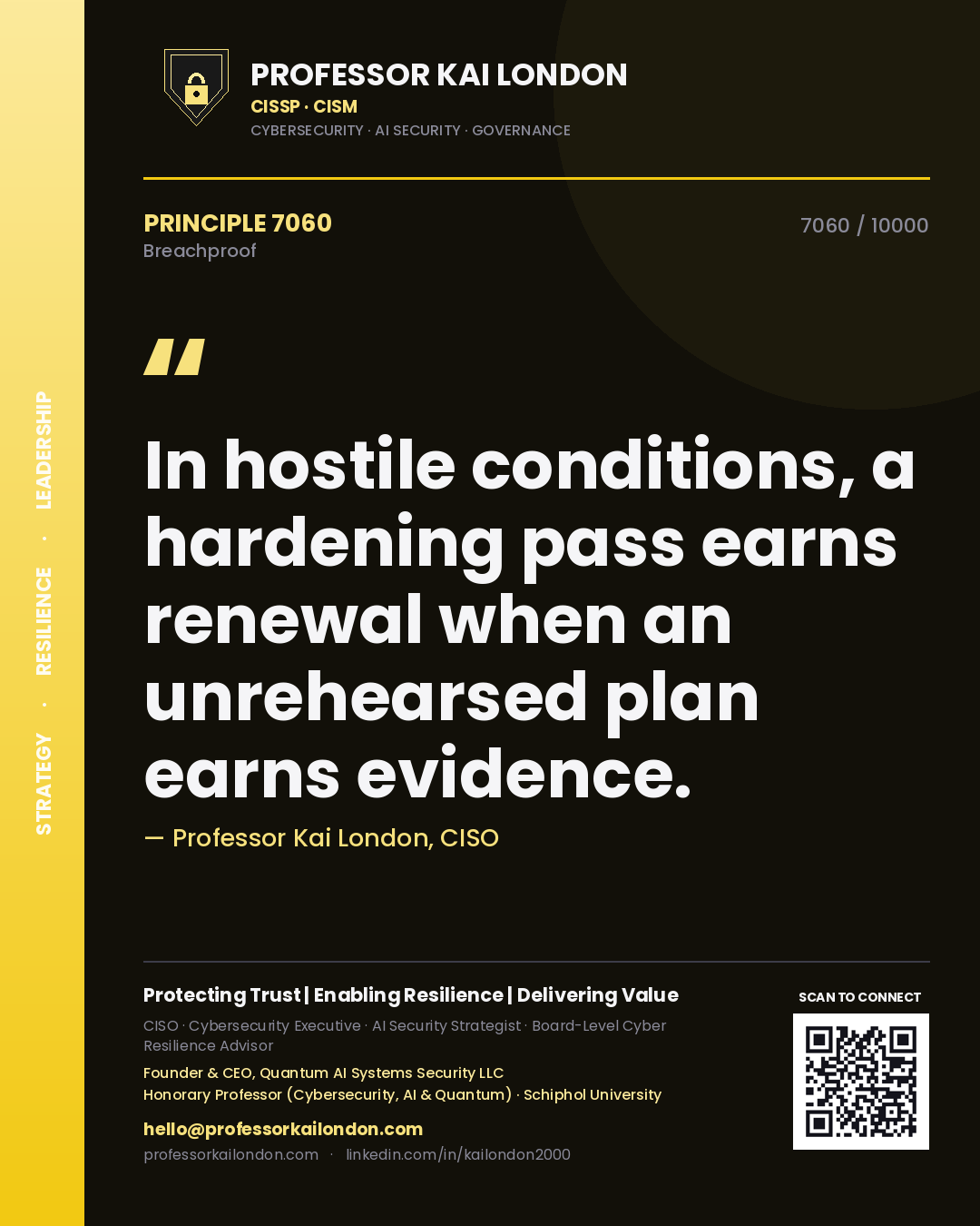 Quote card by Professor Kai London reading 'In hostile conditions, a hardening pass earns renewal when an unrehearsed plan earns evidence.'. From the book Breachproof.