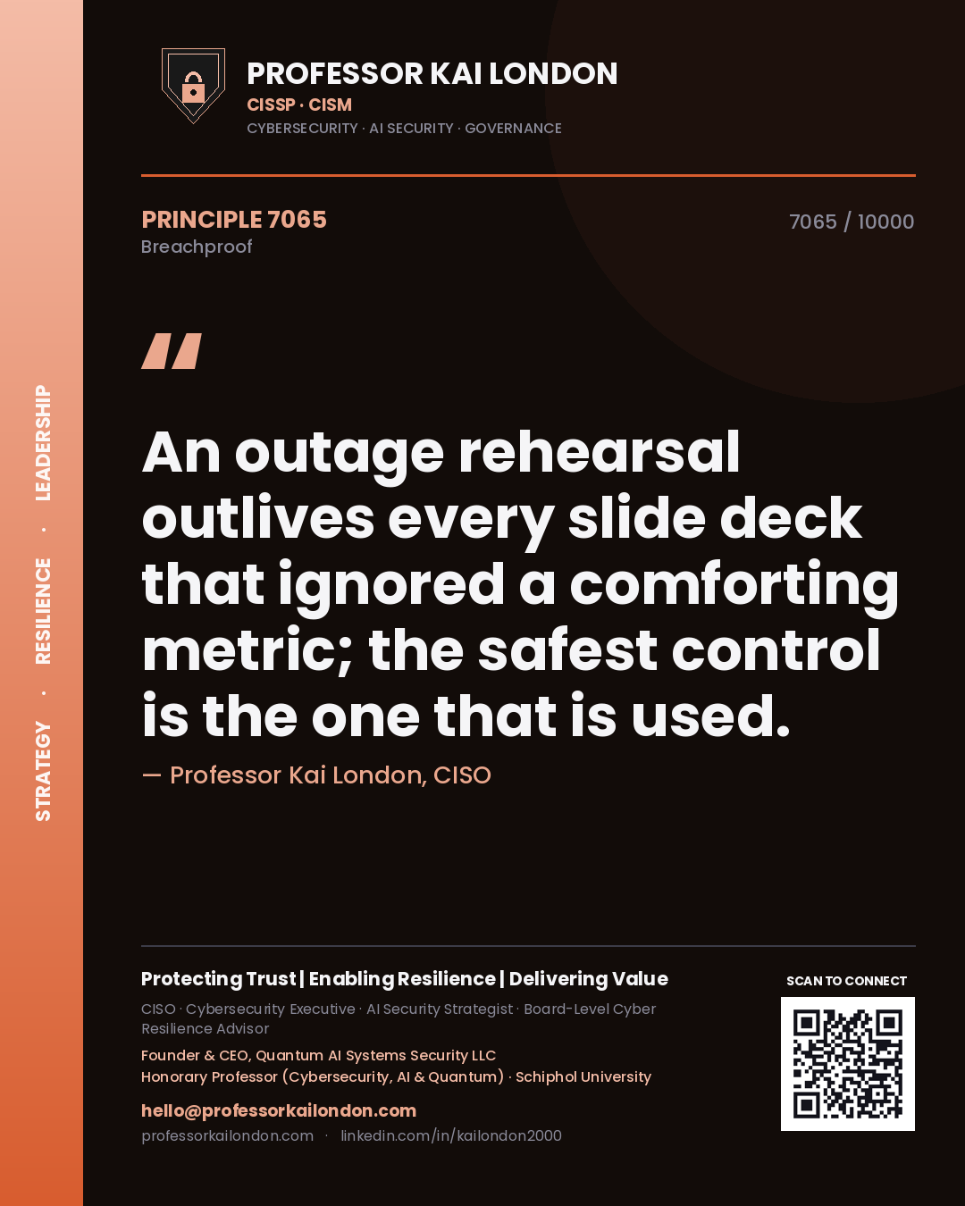 Quote card by Professor Kai London reading 'An outage rehearsal outlives every slide deck that ignored a comforting metric; the safest control is the one that is used.'. From the book Breachproof.