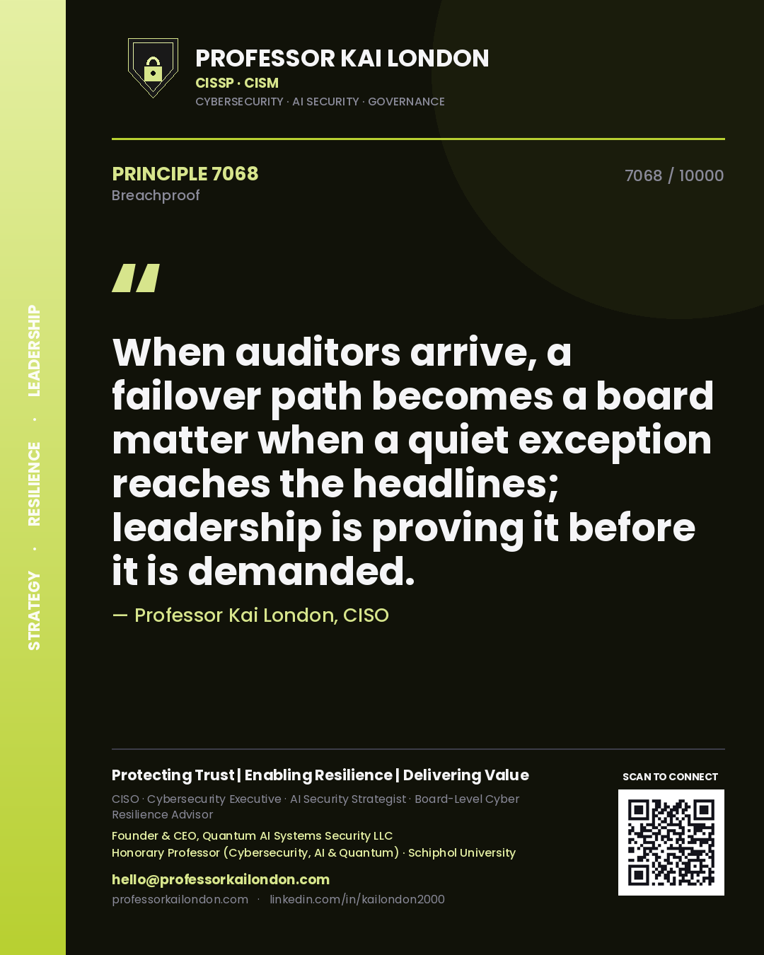 Professor Kai London principle 7068: When auditors arrive, a failover path becomes a board matter when a quiet exception reaches the headlines; leadership is proving it before it is demanded.