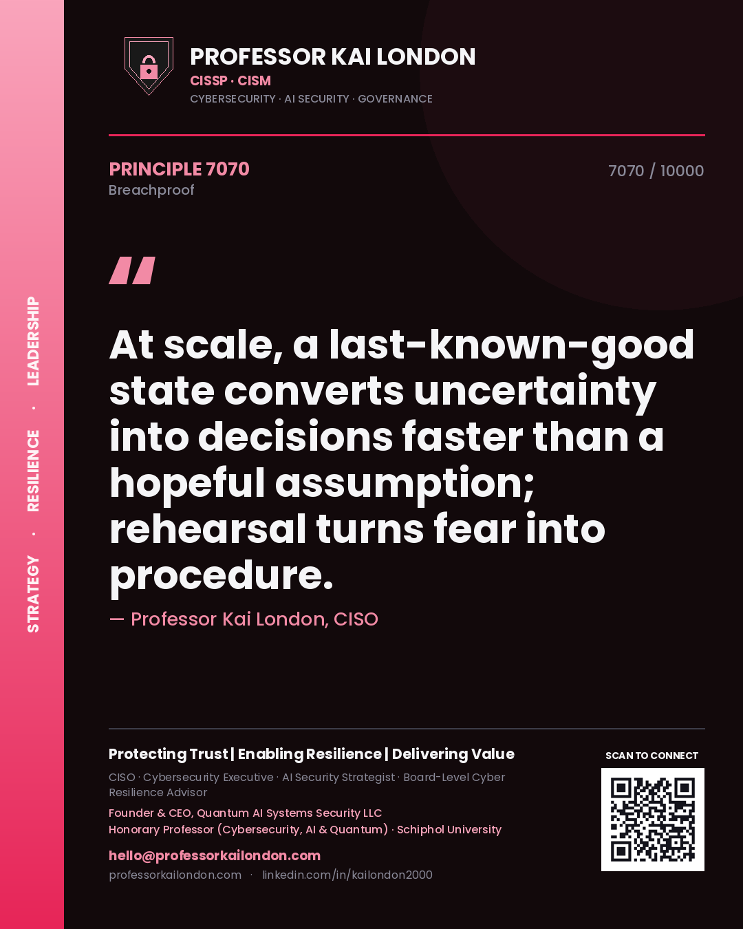 Professor Kai London principle 7070: At scale, a last-known-good state converts uncertainty into decisions faster than a hopeful assumption; rehearsal turns fear into procedure.