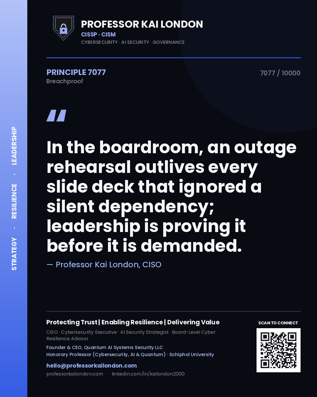 Quote card by Professor Kai London reading 'In the boardroom, an outage rehearsal outlives every slide deck that ignored a silent dependency; leadership is proving it before it is demanded.'. From the book Breachproof.