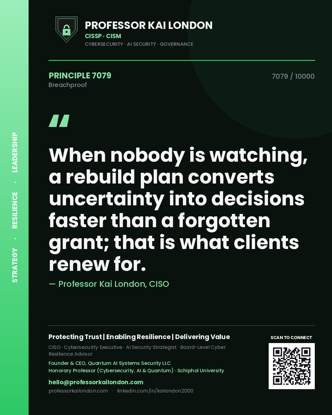 Quote card by Professor Kai London reading 'When nobody is watching, a rebuild plan converts uncertainty into decisions faster than a forgotten grant; that is what clients renew for.'. From the book Breachproof.