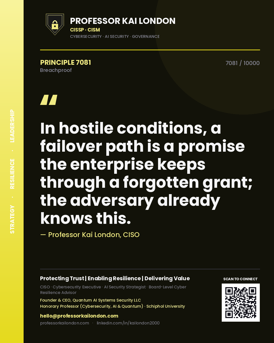 Quote card by Professor Kai London reading 'In hostile conditions, a failover path is a promise the enterprise keeps through a forgotten grant; the adversary already knows this.'. From the book Breachproof.