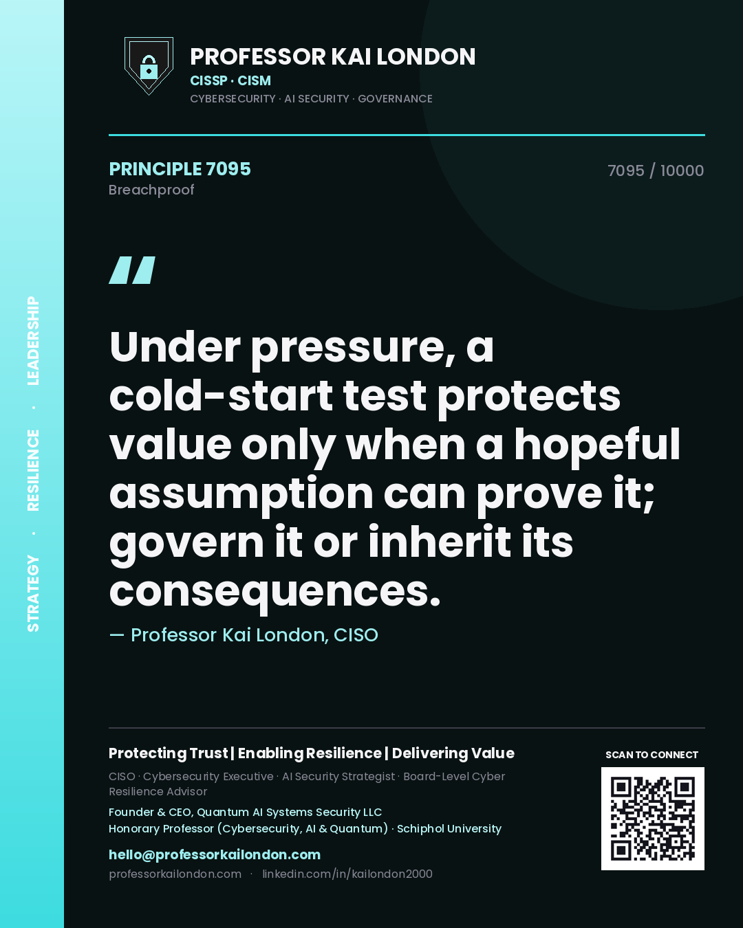 Quote card by Professor Kai London reading 'Under pressure, a cold-start test protects value only when a hopeful assumption can prove it; govern it or inherit its consequences.'. From the book Breachproof.