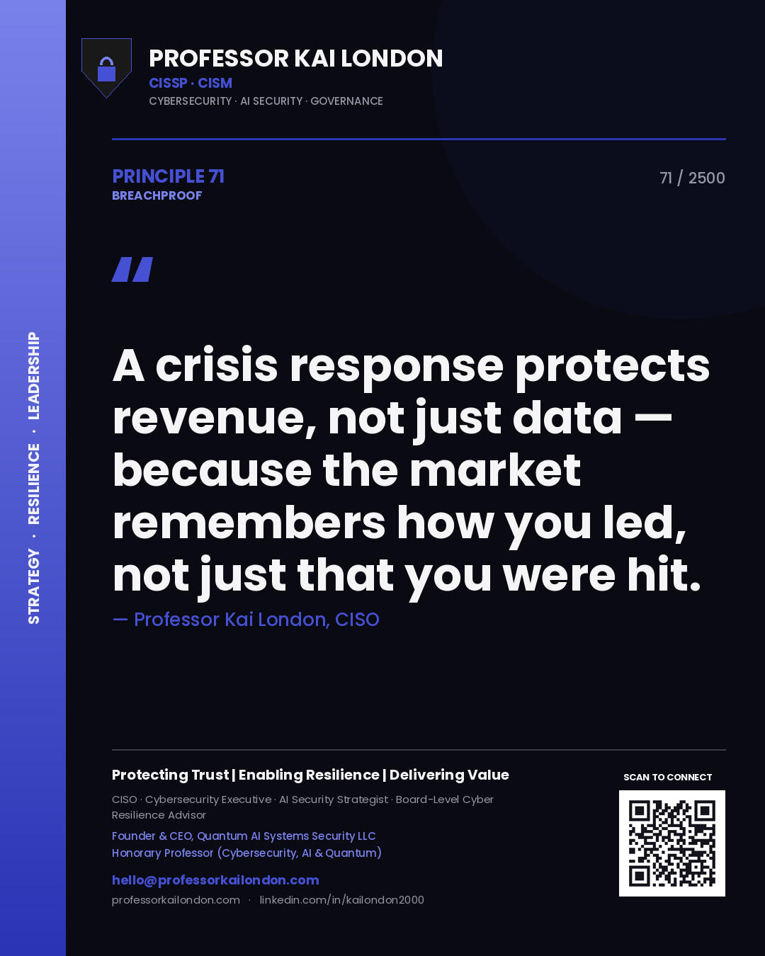 Professor Kai London principle 71: A crisis response protects revenue, not just data — because the market remembers how you led, not just that you were hit.