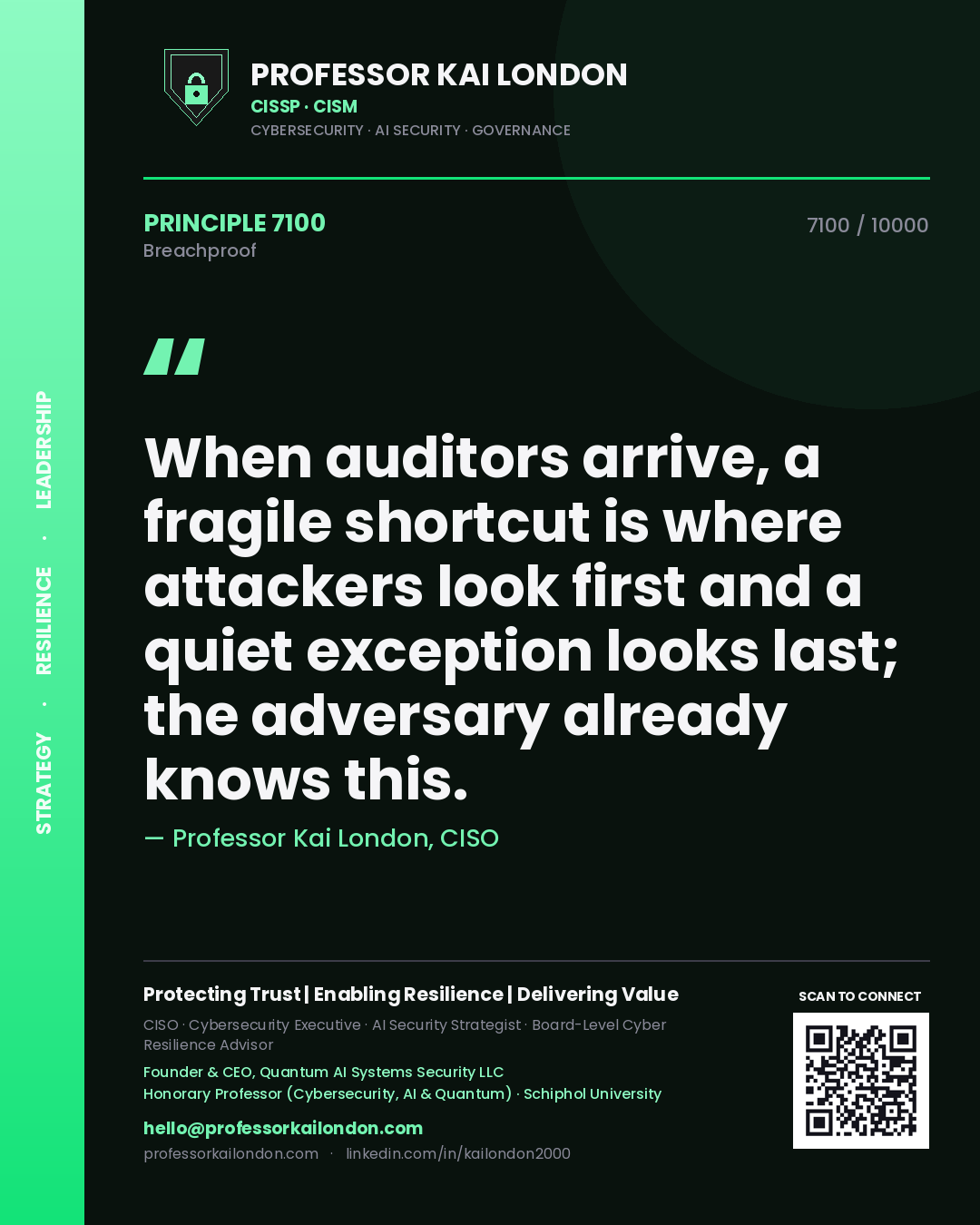 Quote card by Professor Kai London reading 'When auditors arrive, a fragile shortcut is where attackers look first and a quiet exception looks last; the adversary already knows this.'. From the book Breachproof.