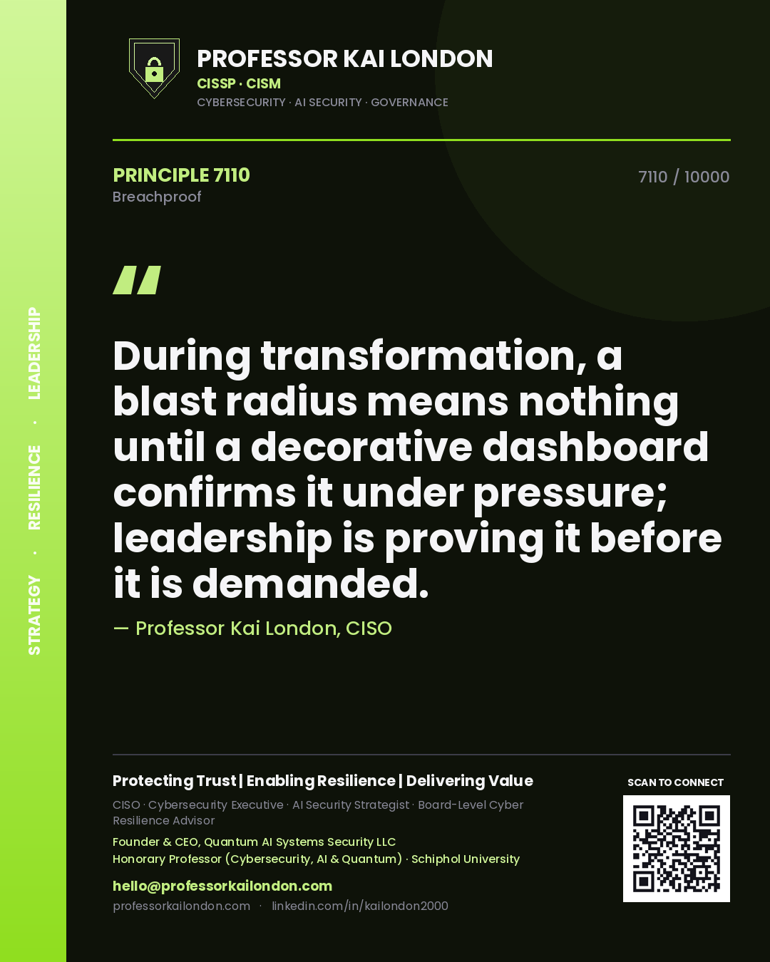 Quote card by Professor Kai London reading 'During transformation, a blast radius means nothing until a decorative dashboard confirms it under pressure; leadership is proving it before it is demanded.'. From the book Breachproof.