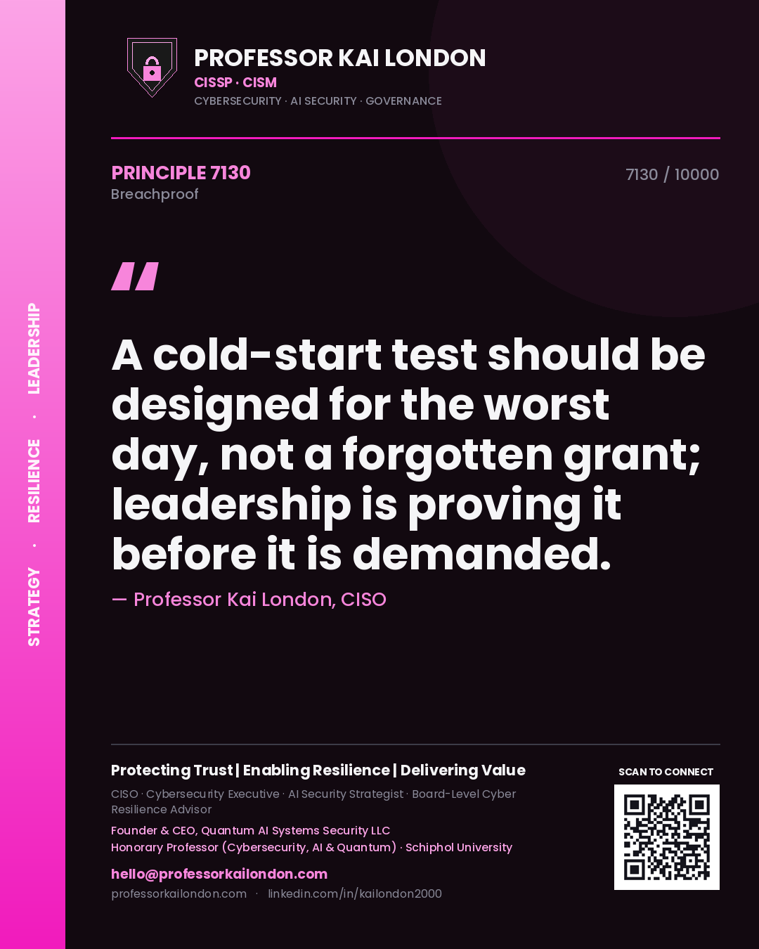 Quote card by Professor Kai London reading 'A cold-start test should be designed for the worst day, not a forgotten grant; leadership is proving it before it is demanded.'. From the book Breachproof.