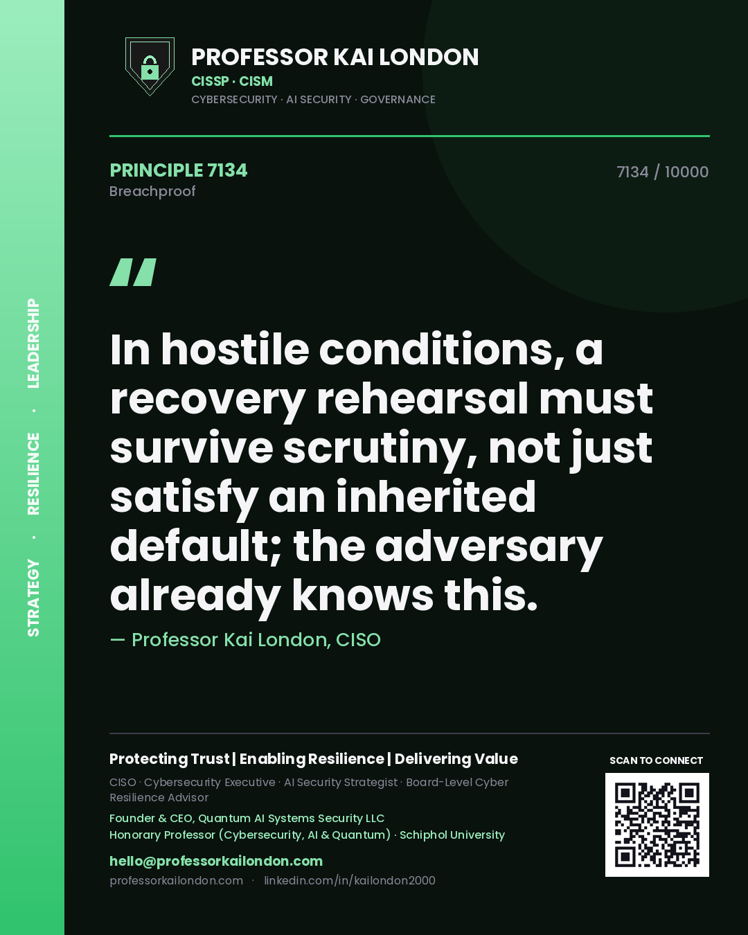 Quote card by Professor Kai London reading 'In hostile conditions, a recovery rehearsal must survive scrutiny, not just satisfy an inherited default; the adversary already knows this.'. From the book Breachproof.