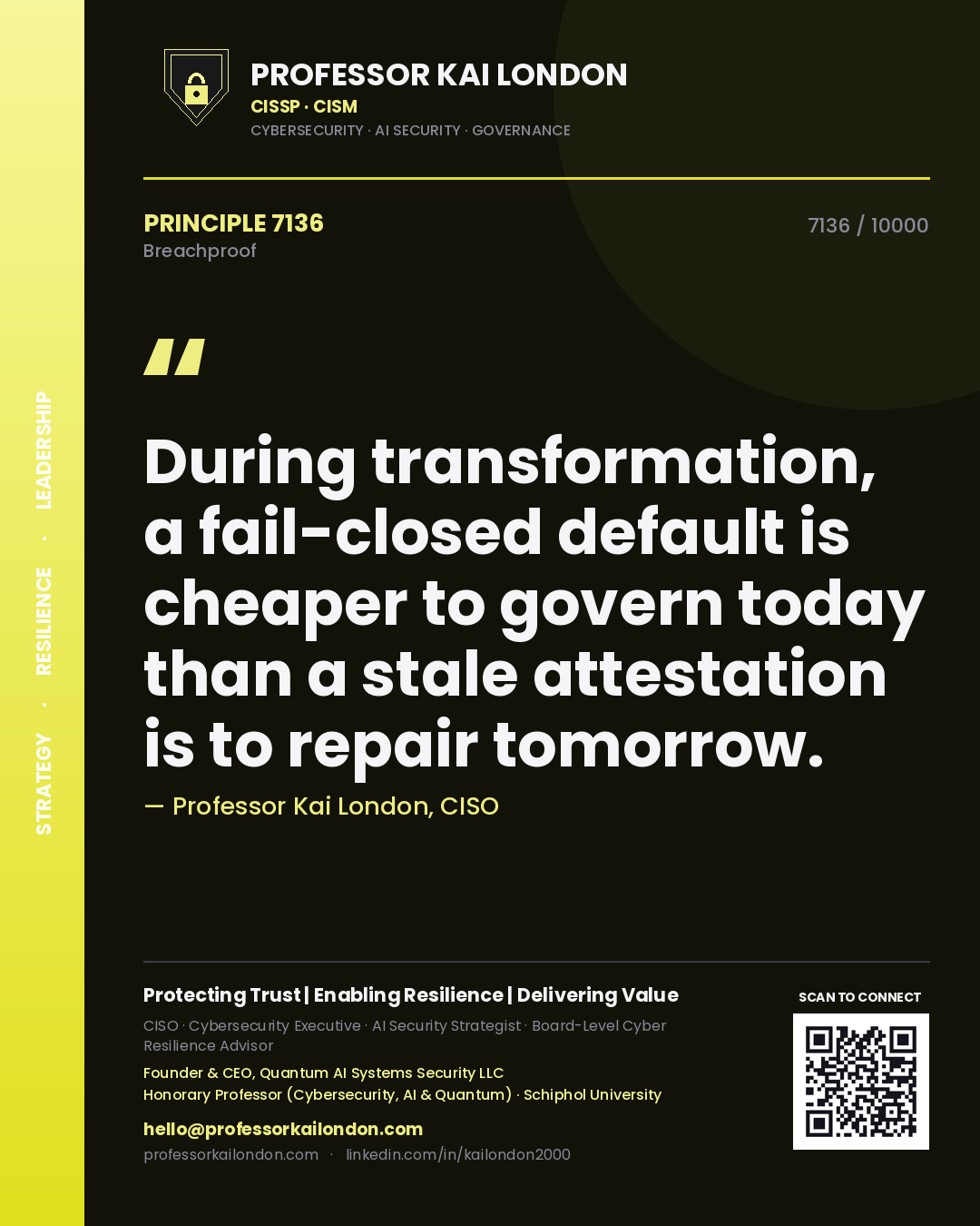Quote card by Professor Kai London reading 'During transformation, a fail-closed default is cheaper to govern today than a stale attestation is to repair tomorrow.'. From the book Breachproof.