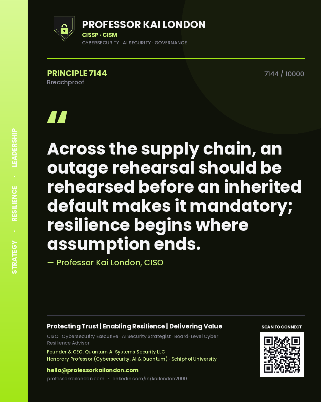 Professor Kai London principle 7144: Across the supply chain, an outage rehearsal should be rehearsed before an inherited default makes it mandatory; resilience begins where assumption ends.