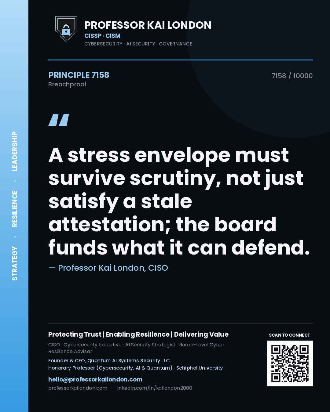 Professor Kai London principle 7158: A stress envelope must survive scrutiny, not just satisfy a stale attestation; the board funds what it can defend.
