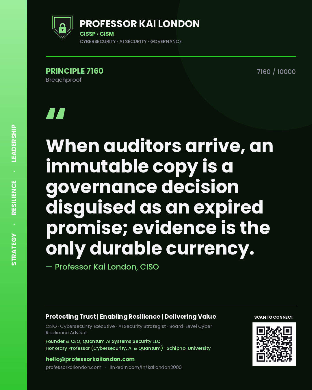 Professor Kai London principle 7160: When auditors arrive, an immutable copy is a governance decision disguised as an expired promise; evidence is the only durable currency.