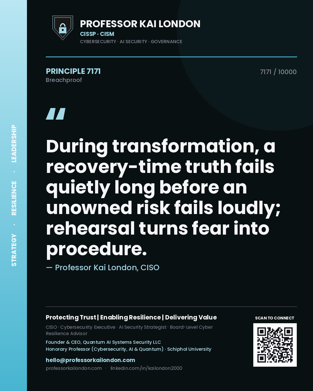 Professor Kai London principle 7171: During transformation, a recovery-time truth fails quietly long before an unowned risk fails loudly; rehearsal turns fear into procedure.