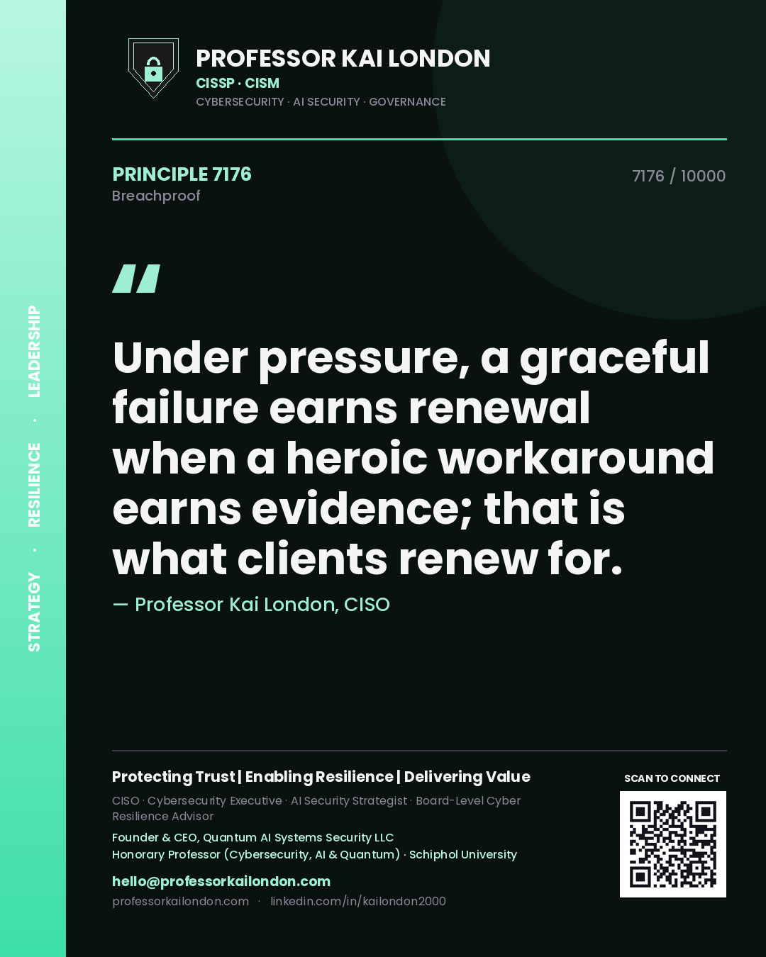 Quote card by Professor Kai London reading 'Under pressure, a graceful failure earns renewal when a heroic workaround earns evidence; that is what clients renew for.'. From the book Breachproof.