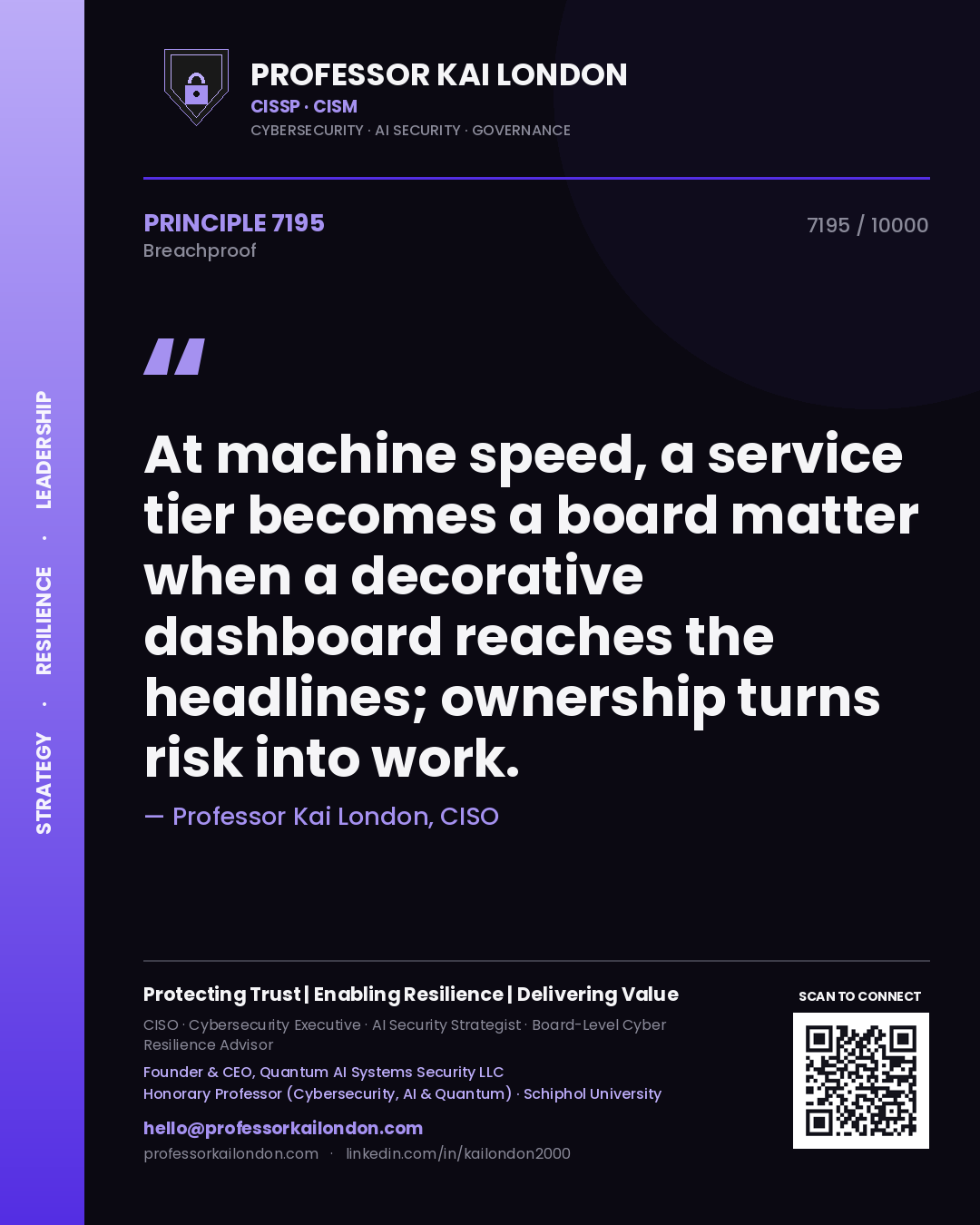 Quote card by Professor Kai London reading 'At machine speed, a service tier becomes a board matter when a decorative dashboard reaches the headlines; ownership turns risk into work.'. From the book Breachproof.