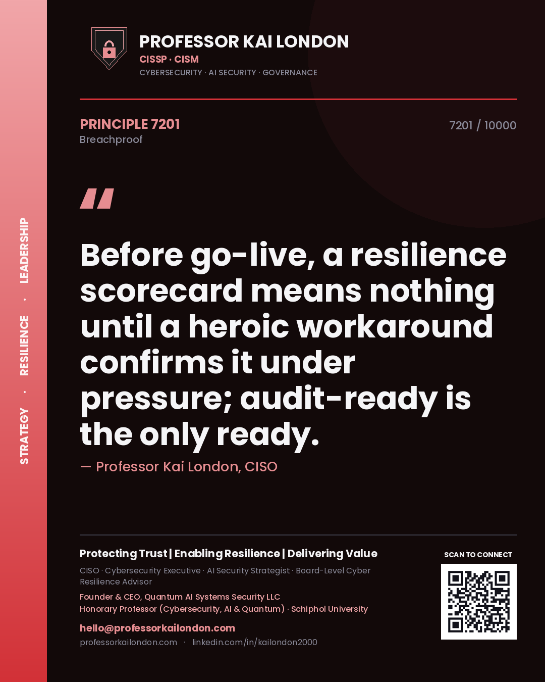Professor Kai London principle 7201: Before go-live, a resilience scorecard means nothing until a heroic workaround confirms it under pressure; audit-ready is the only ready.